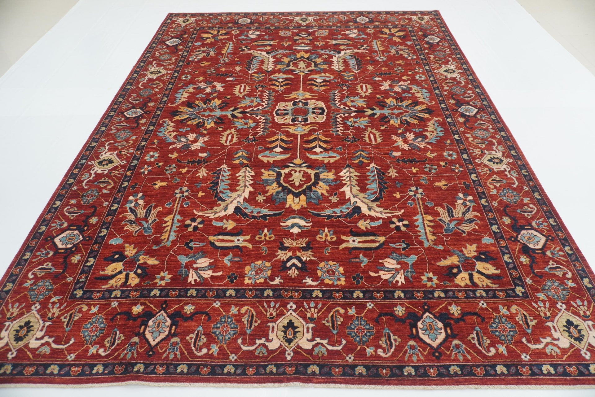 9x12 Deep Red Heriz Afghan Hand-Knotted Oriental Rug