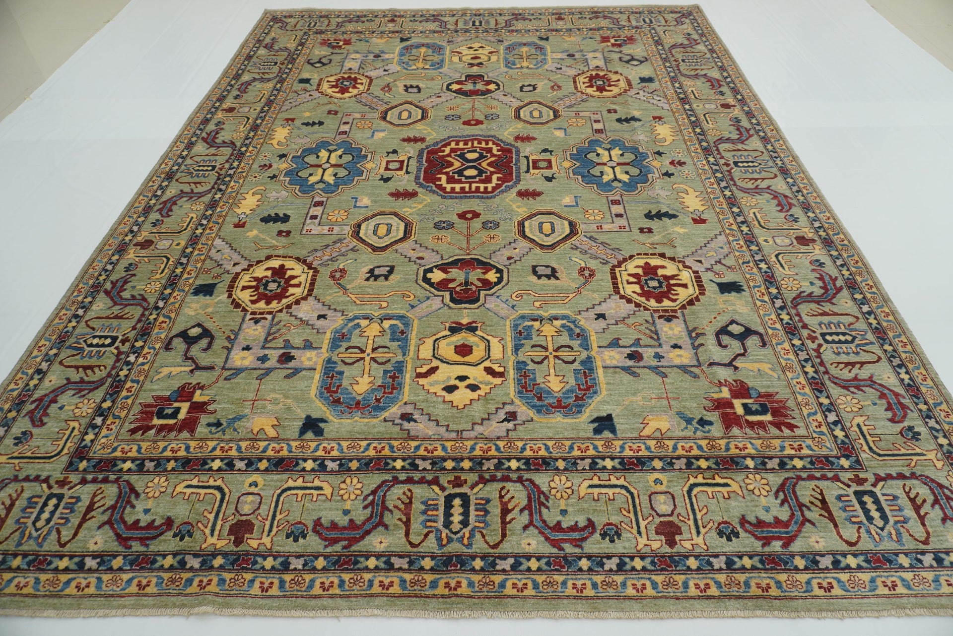 9x12 Green Heriz Afghan Hand-Knotted Oriental Rug