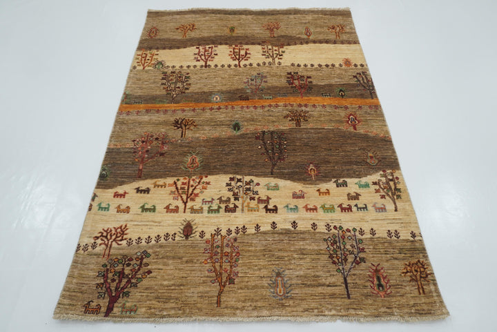4x6 Beige Gray Gabbeh Afghan Hand-Knotted Wool Tree Rug - Yildiz Rugs