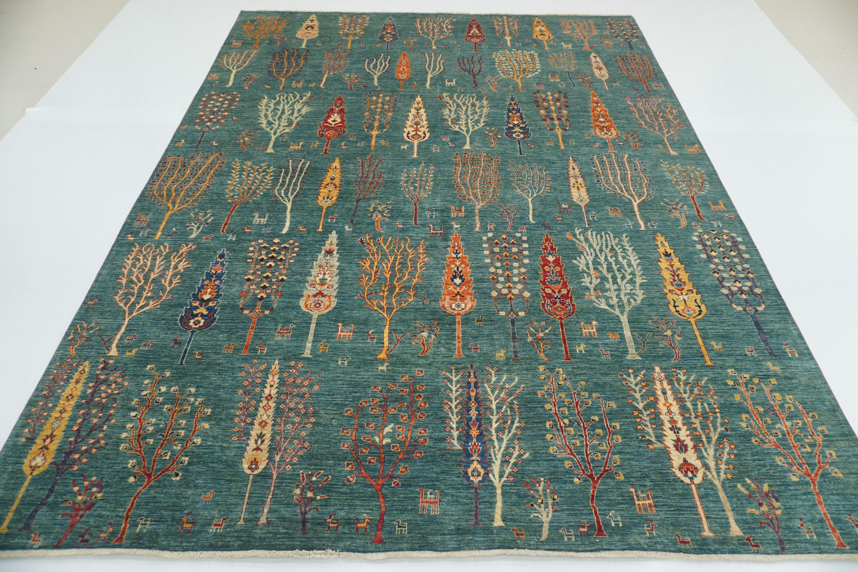 9x12 Green Gabbeh Afghan Hand-Knotted Wool Tree Rug - Yildiz Rugs
