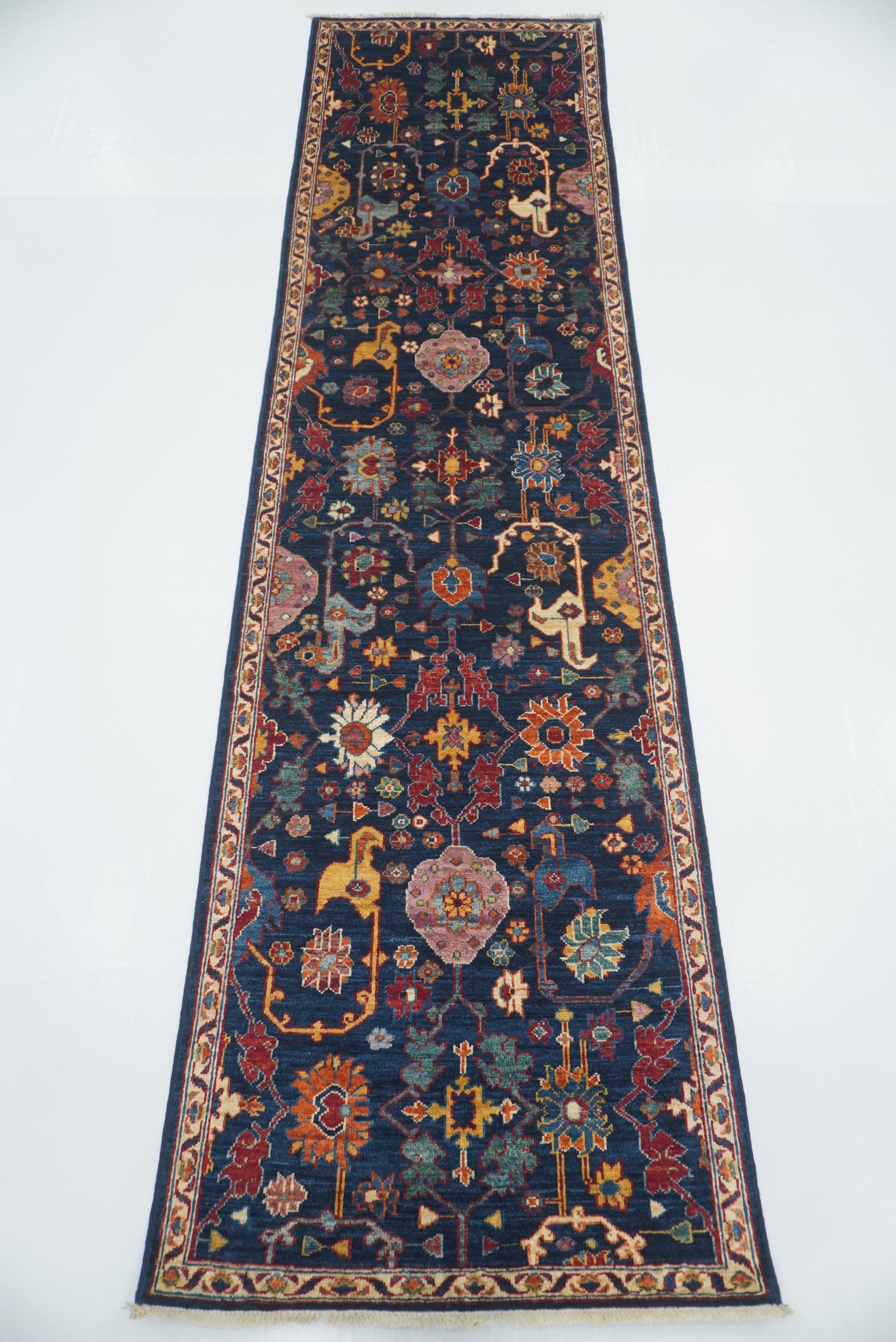 10 ft Navy Blue Bidjar Afghan Hand-Knotted Wool Runner Rug - Yildiz Rugs