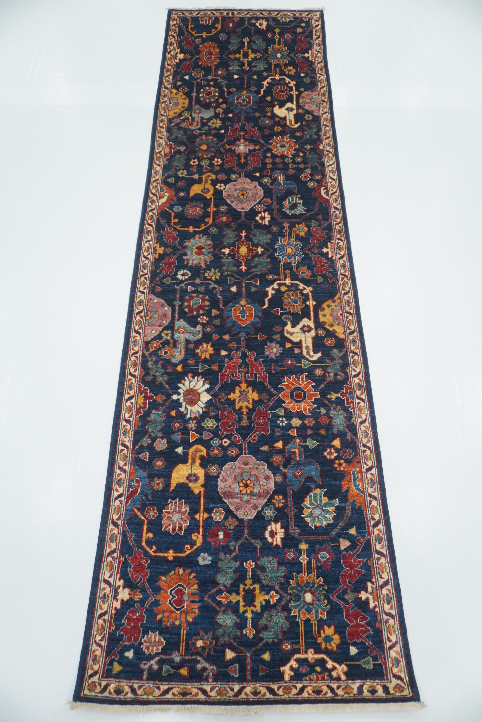 10 ft Navy Blue Bidjar Afghan Hand-Knotted Wool Runner Rug - Yildiz Rugs
