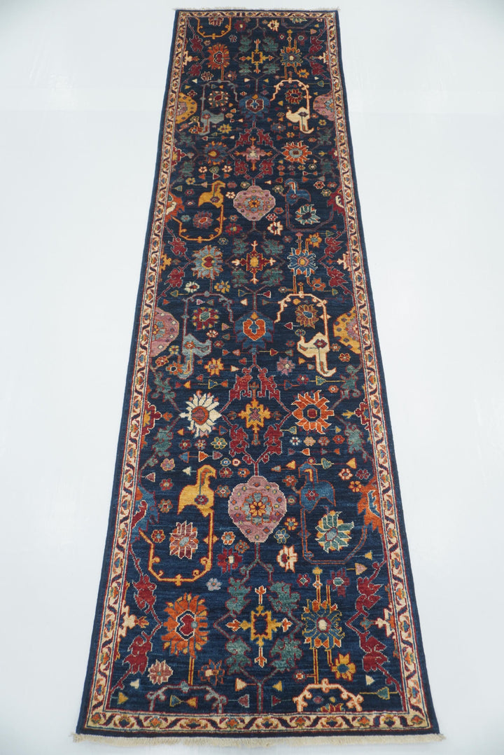 10 ft Navy Blue Bidjar Afghan Hand-Knotted Wool Runner Rug - Yildiz Rugs