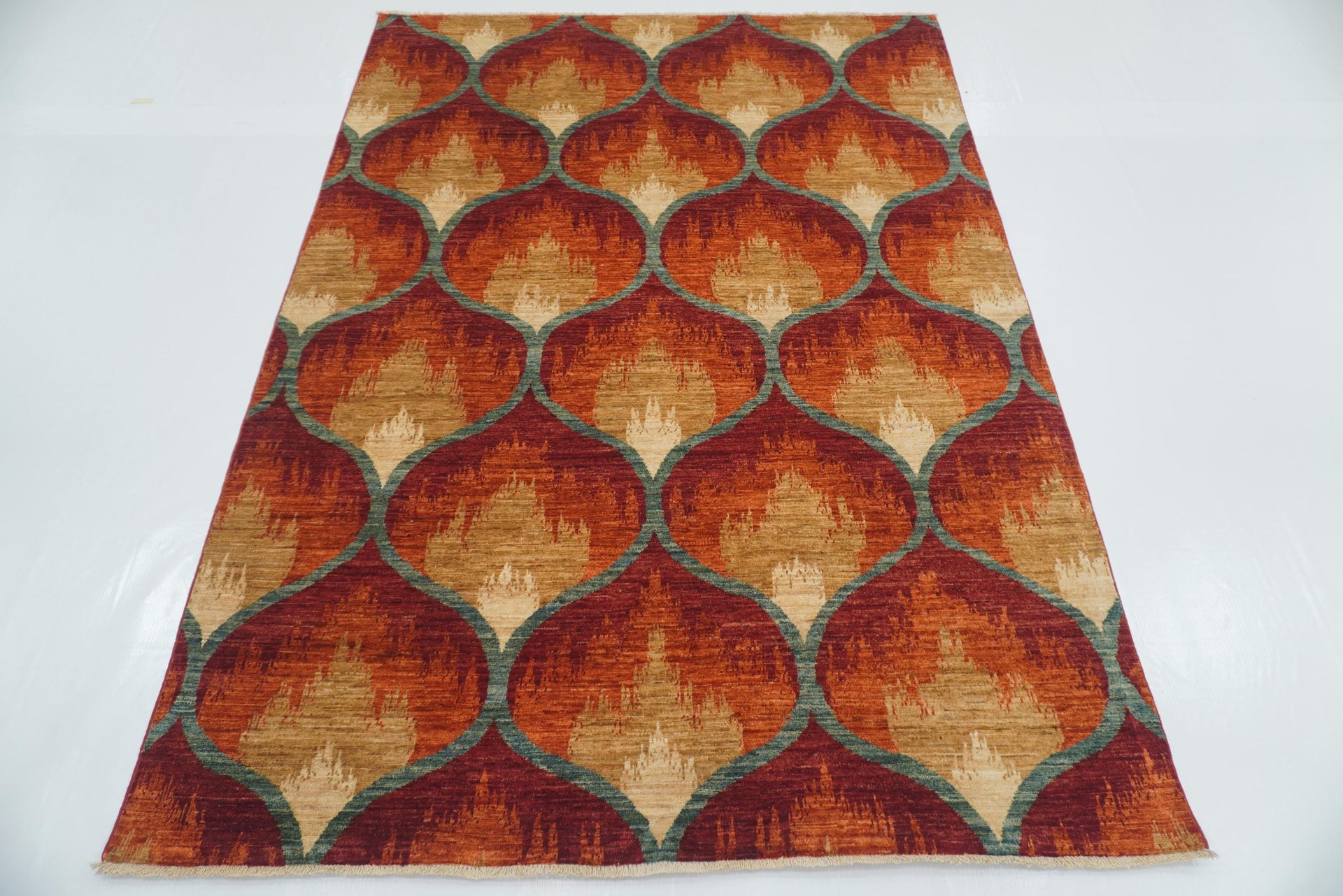 5'7"x7'9" Red Rust Ikat Rug: Afghan Hand-Knotted Wool Rug - Yildiz Rugs