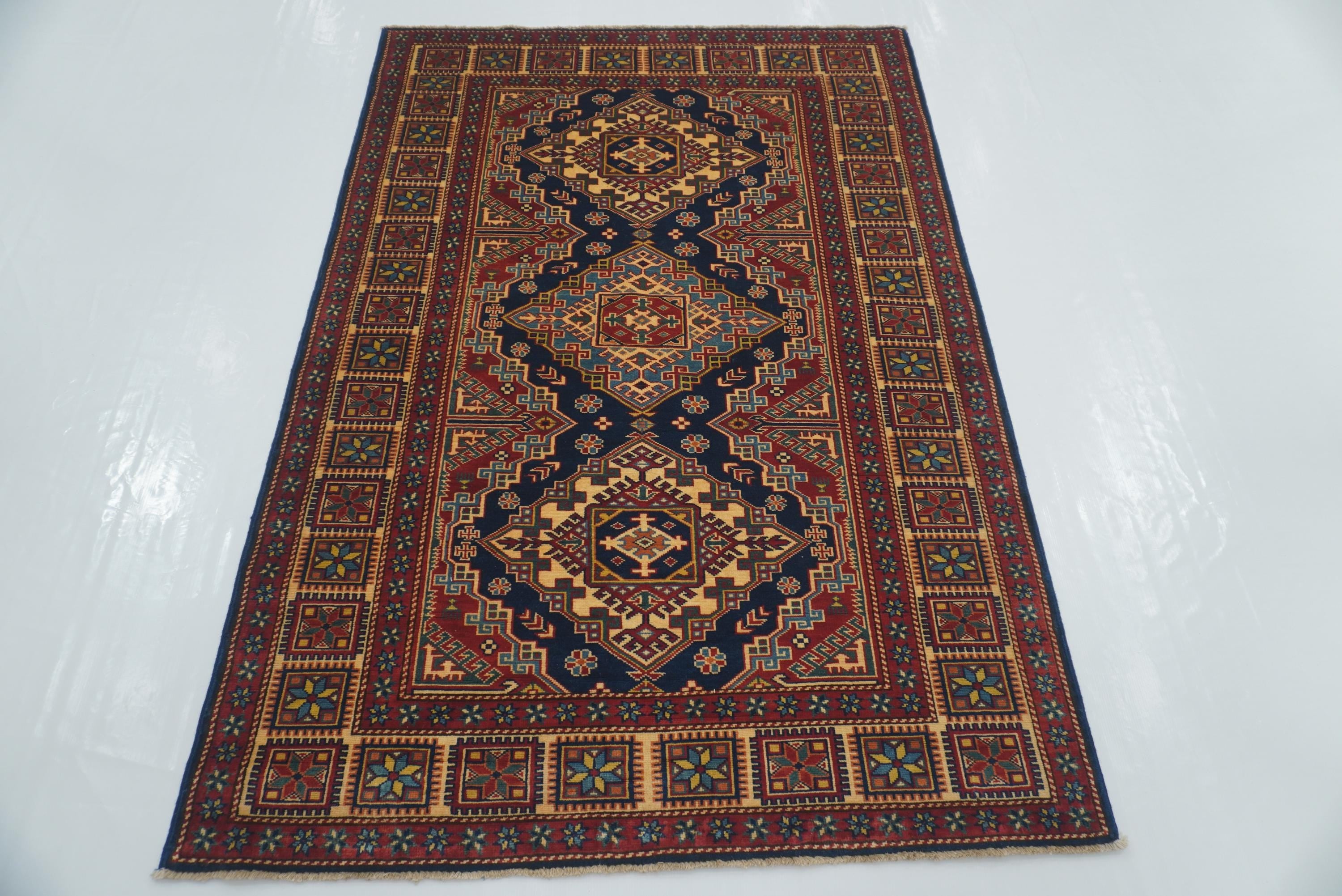 4x6 Navy Blue Shirvan Afghan Hand-Knotted Geometric Rug - Yildiz Rugs