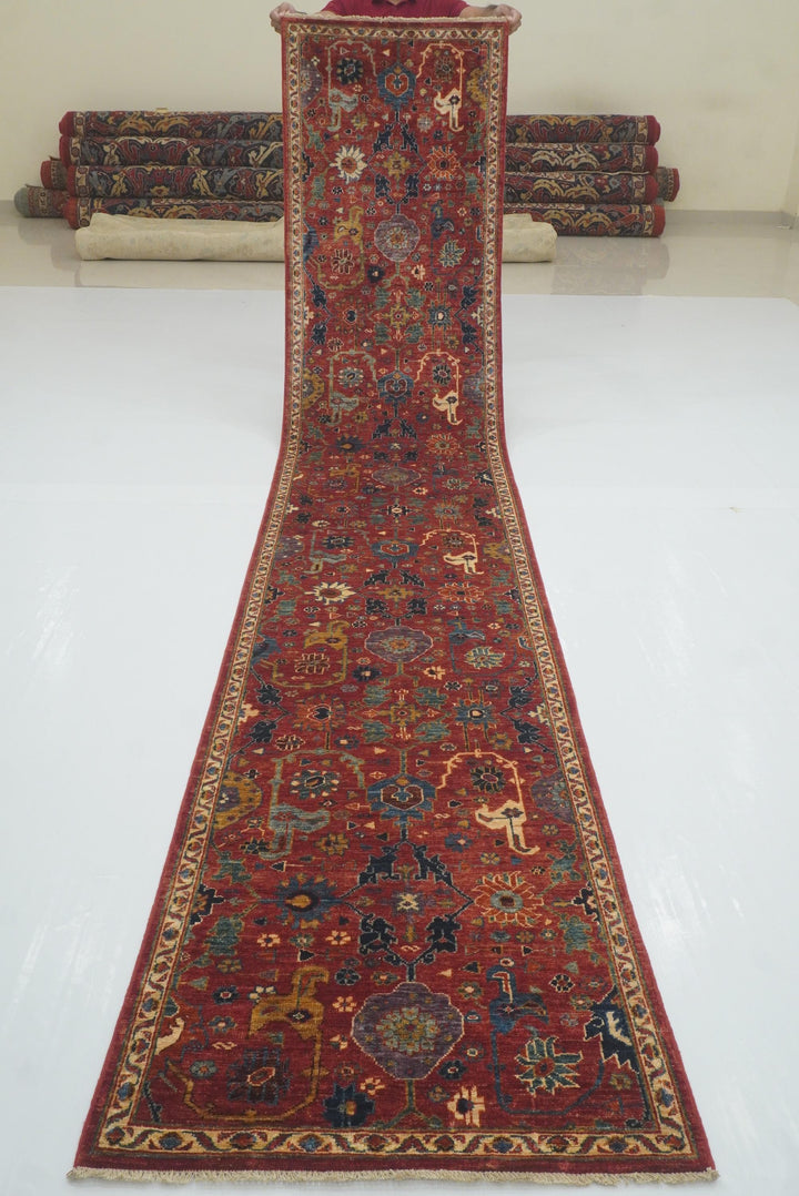 14 ft Red Bidjar Afghan Hand-Knotted Wool Runner Rug - Yildiz Rugs