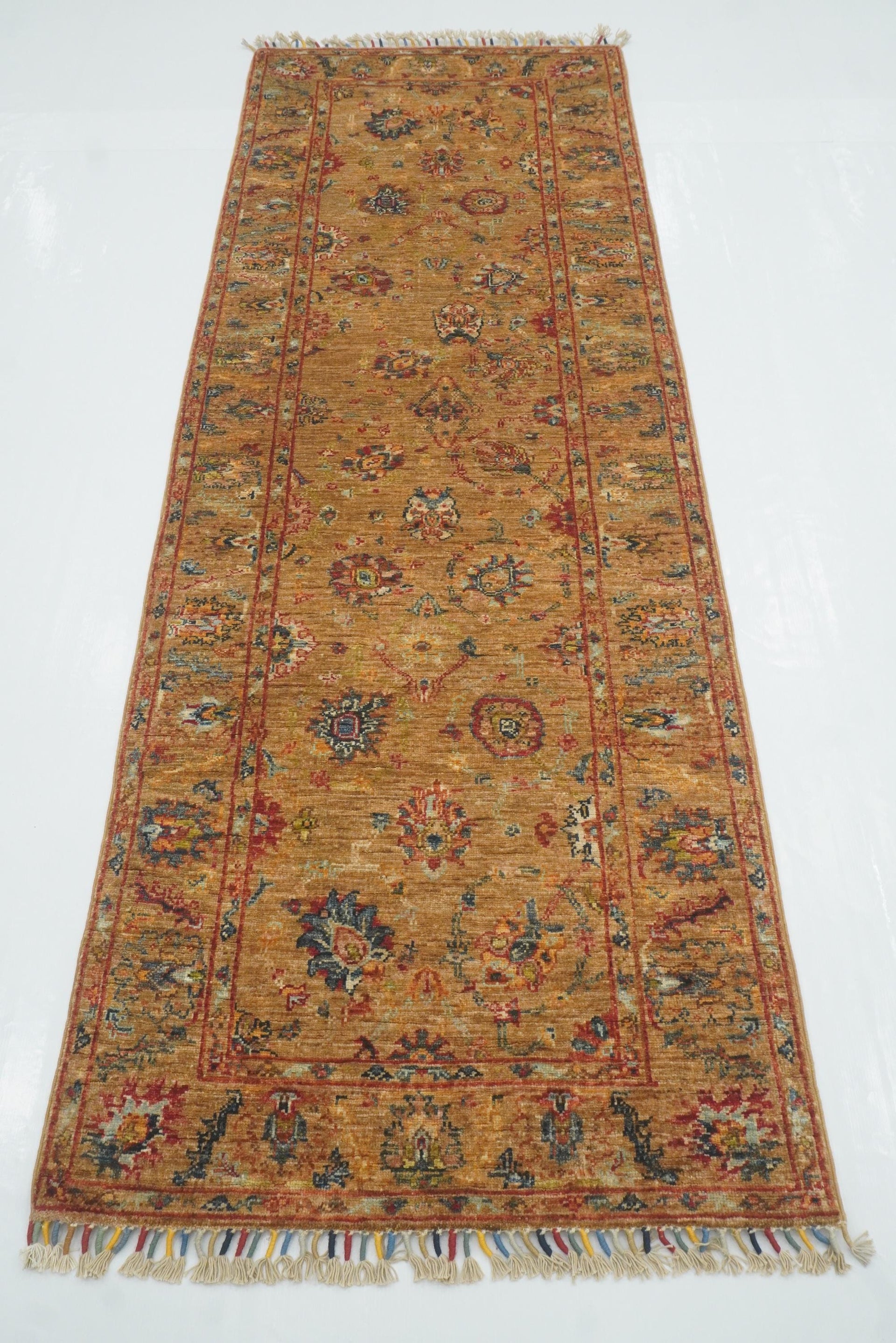8 ft Orange Waziri Afghan Hand-Knotted Wool Runner Rug - Yildiz Rugs