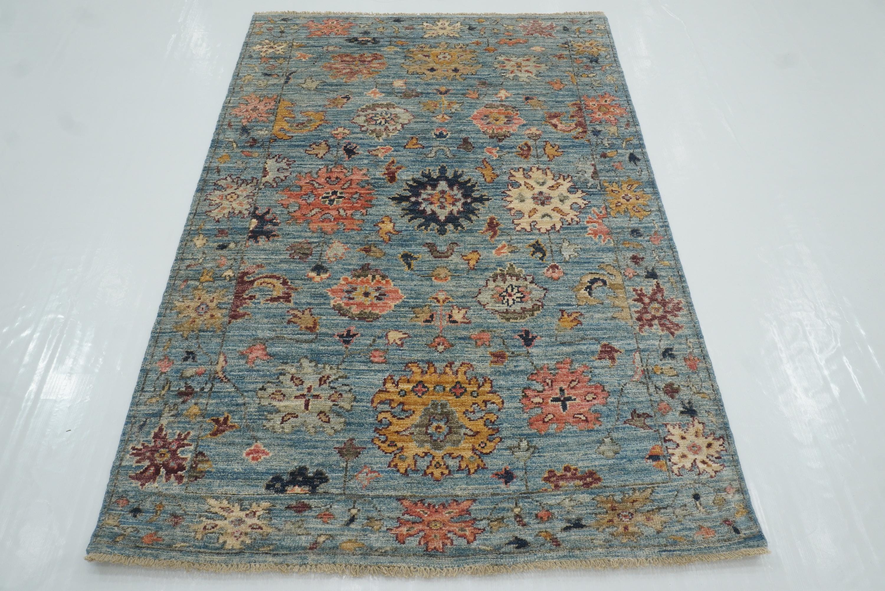 4x6 Blue Oushak Hand-Knotted Wool Oriental Rug - Yildiz Rugs