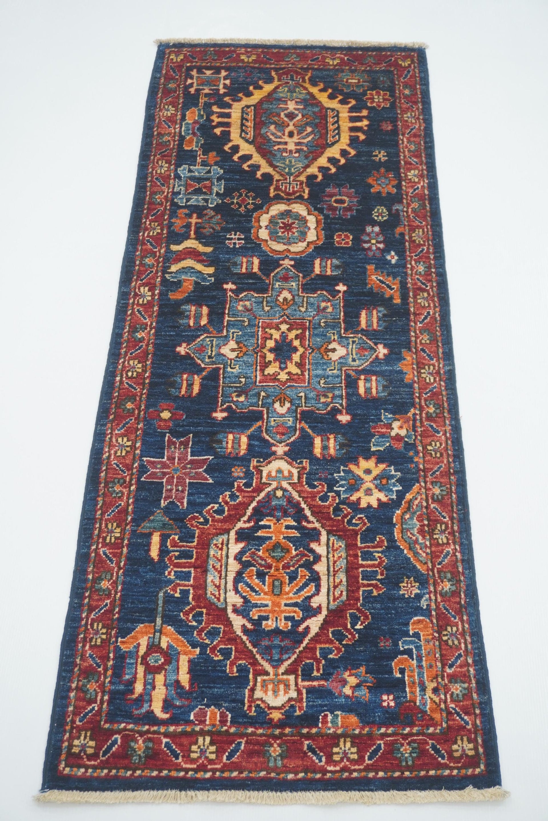 5 ft Navy Blue Karaja Afghan Hand-Knotted Runner Rug - Yildiz Rugs
