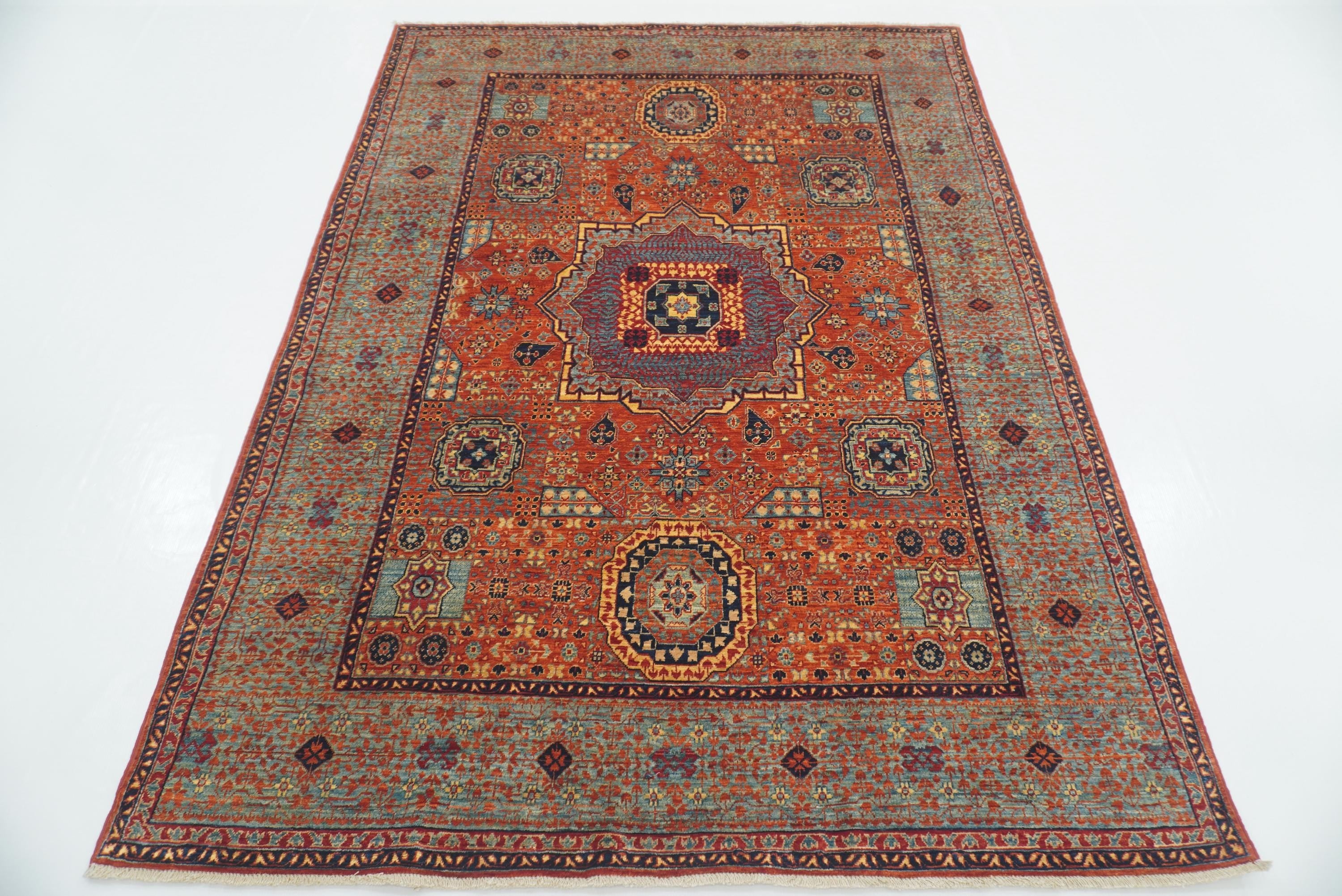 5x7 Orange Mamluk Hand-Knotted Wool Medallion Rug - Yildiz Rugs