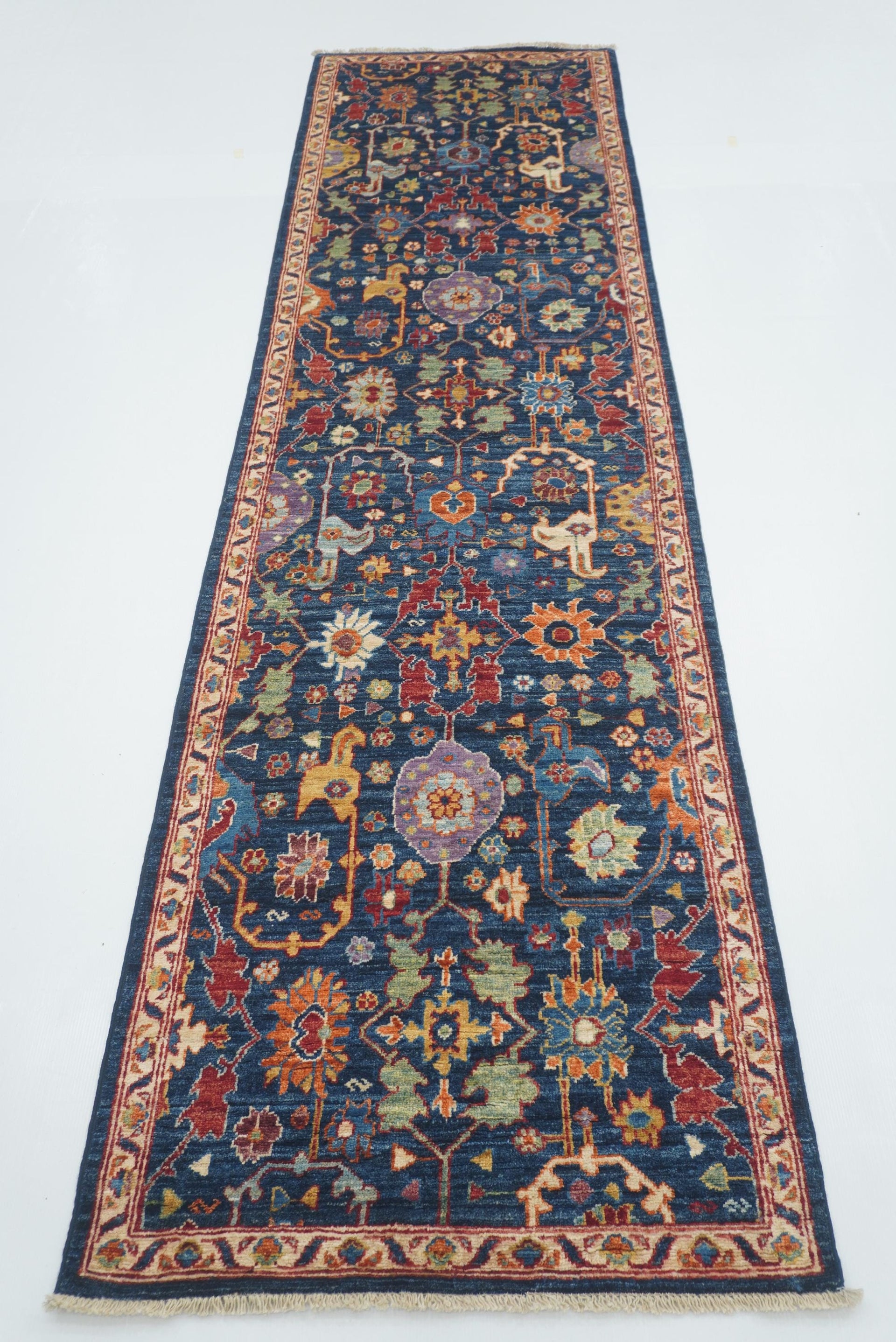 10 ft Navy Blue Bidjar Afghan Hand-Knotted Runner Rug - Yildiz Rugs