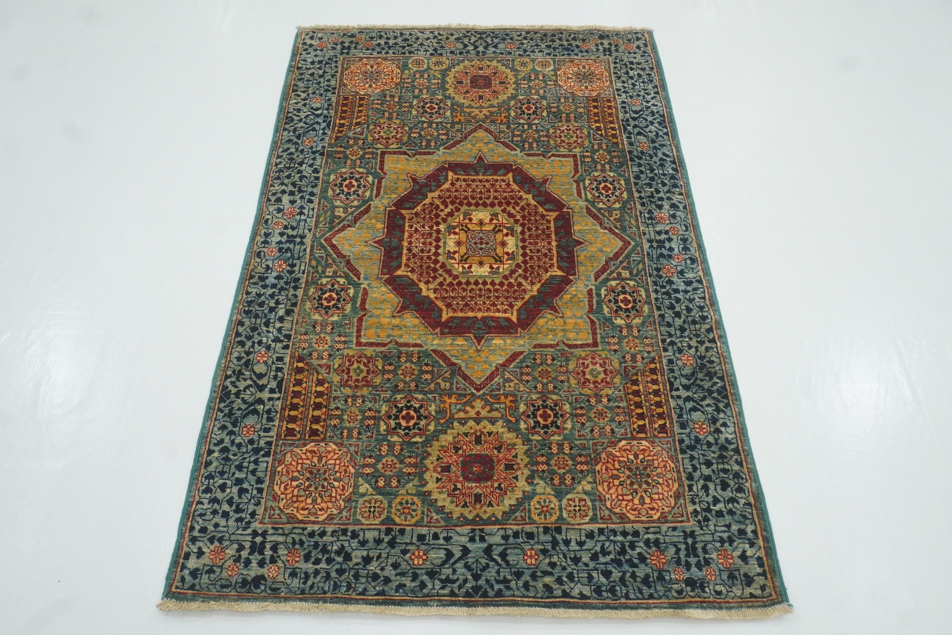 3x5 Green Mamluk Area Rug: Turkish Hand knotted wool Rug 3'4"x5'3" ASEGwG - Yildiz Rugs