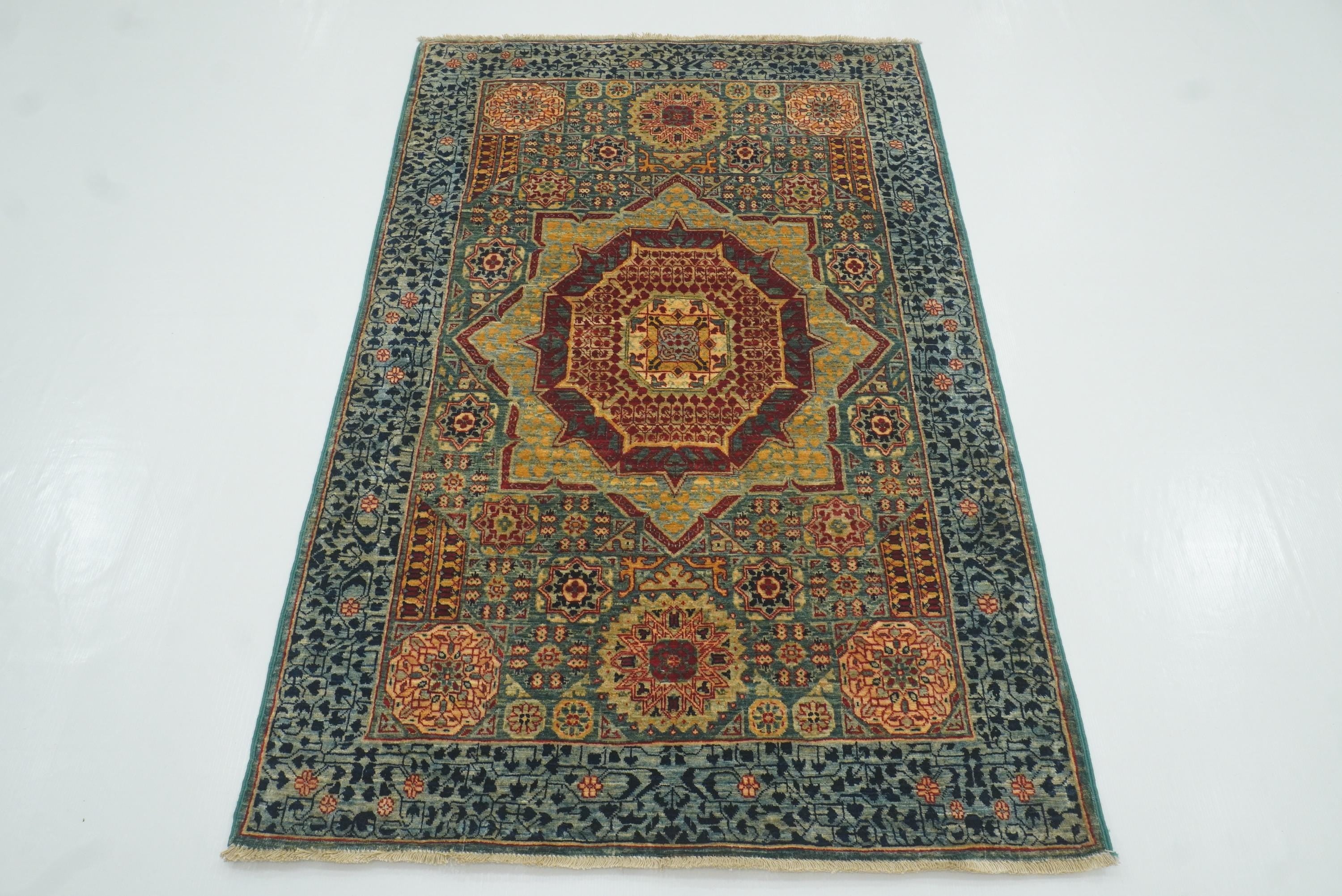 3x5 Green Mamluk Area Rug: Turkish Hand knotted wool Rug 3'4"x5'3" ASEGwG - Yildiz Rugs