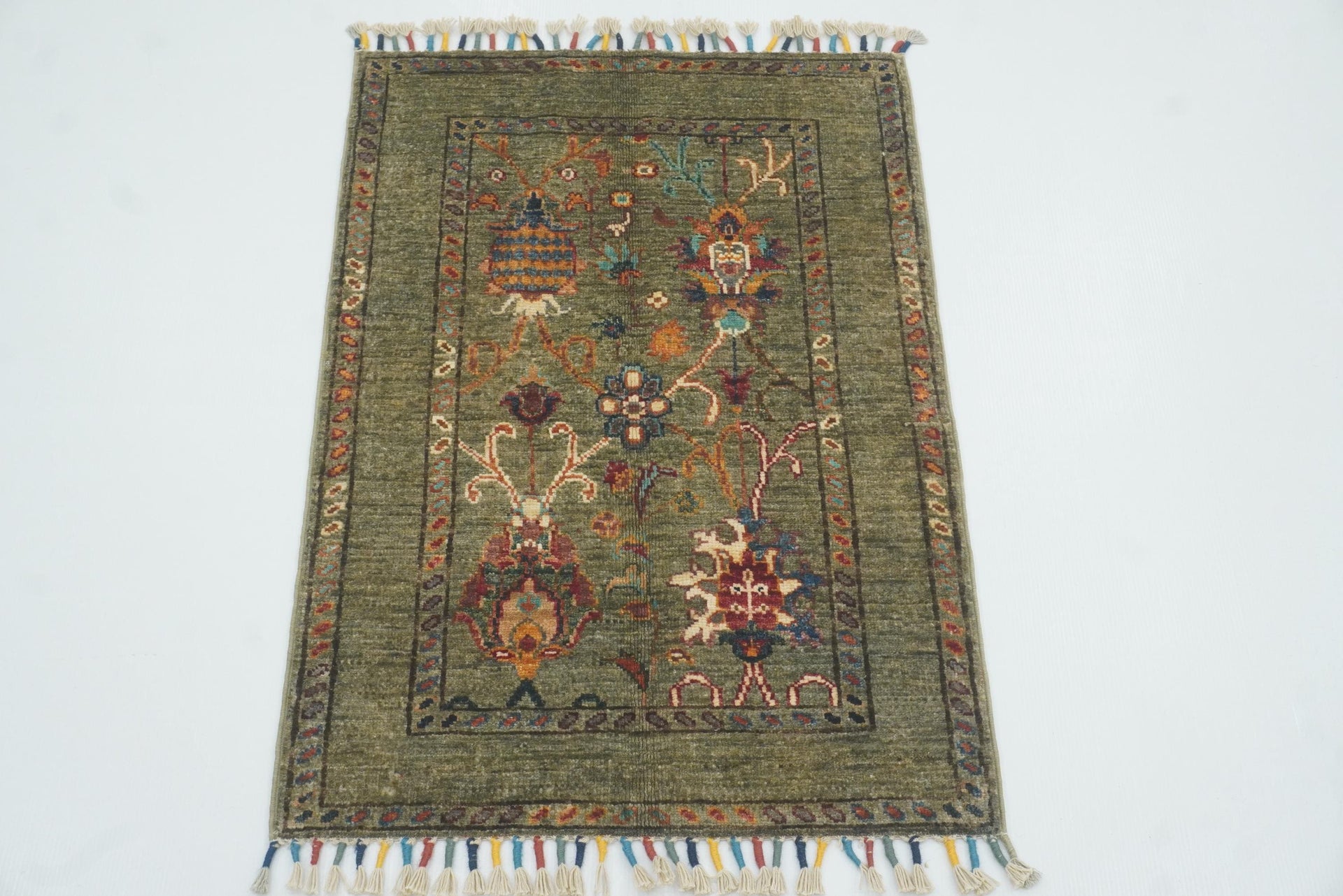 2x3 Green Afghan Rug: Waziri Floral Hand Knotted Wool Rug 1'11"x2'10" sdgdrh - Yildiz Rugs