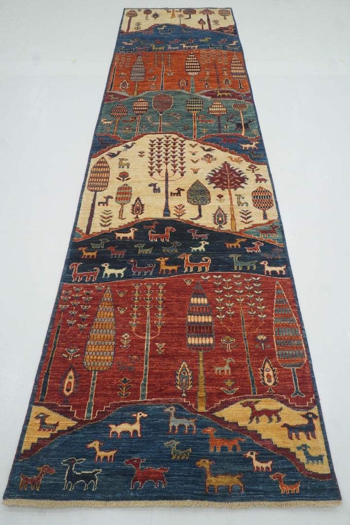 12 ft Blue Gabbeh Afghan Hand-Knotted Landscape Runner Rug - Yildiz Rugs