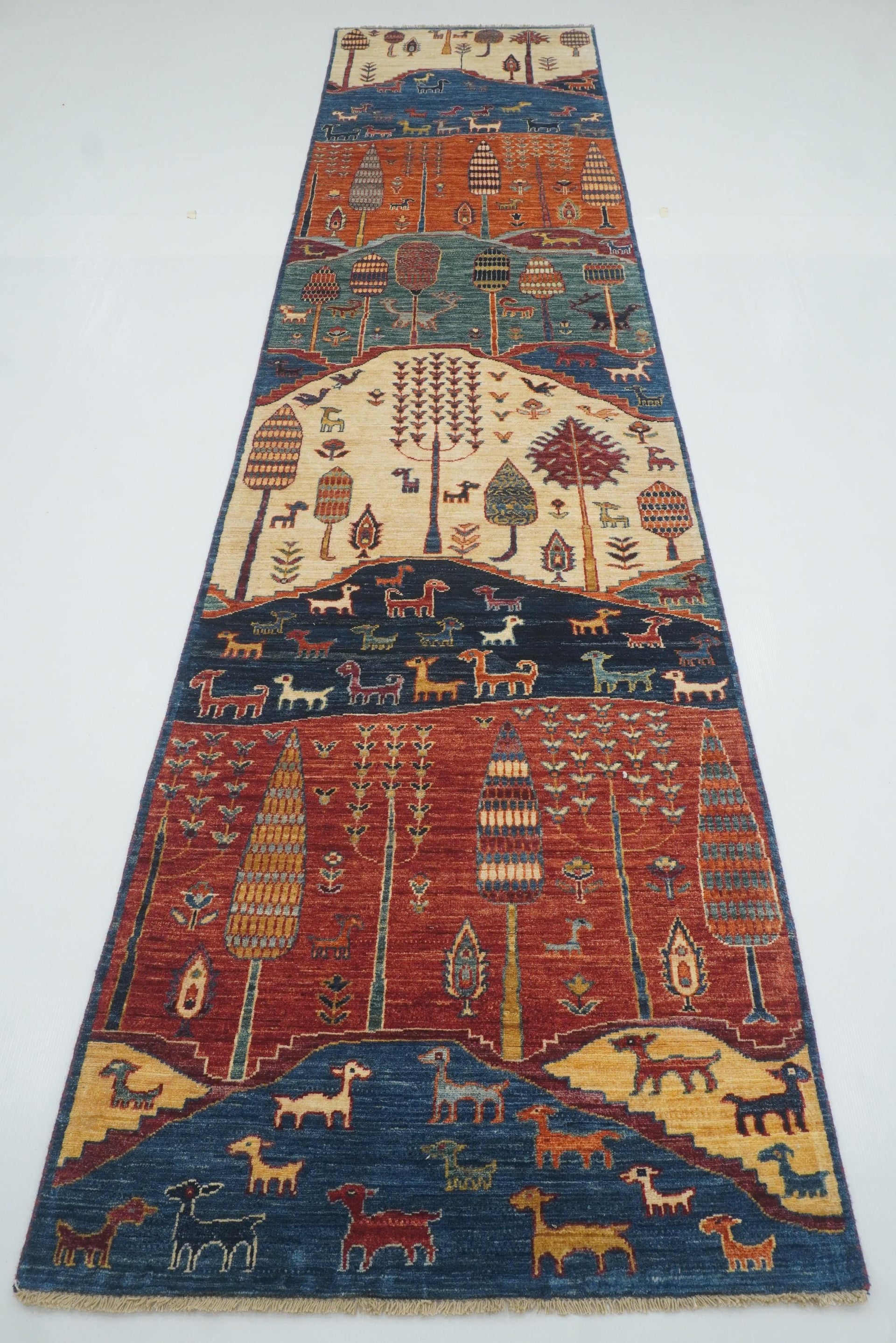 12 ft Blue Gabbeh Afghan Hand-Knotted Landscape Runner Rug - Yildiz Rugs