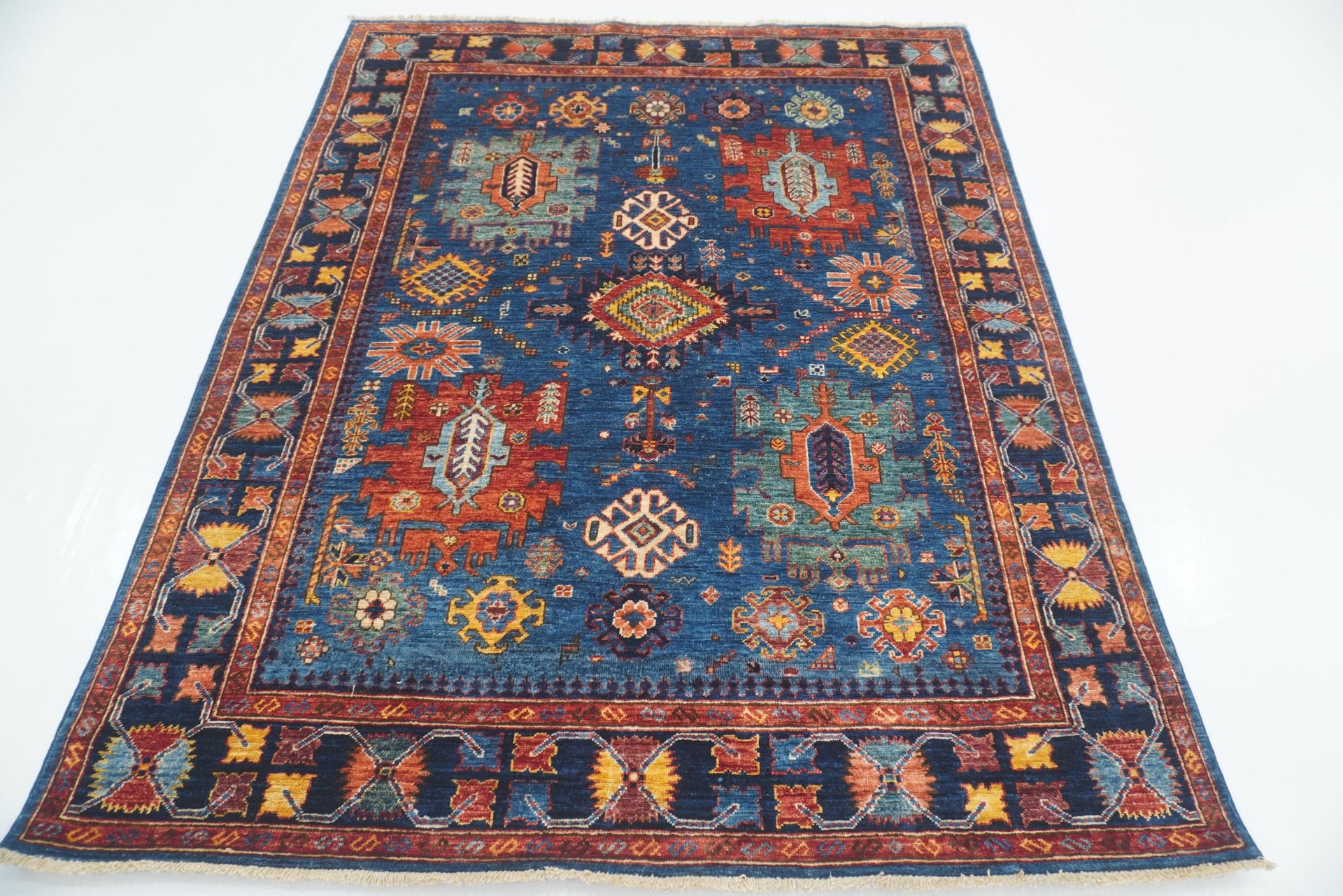 5x7 Navy Blue Baluch Afghan Hand-Knotted Wool Oriental Rug - Yildiz Rugs