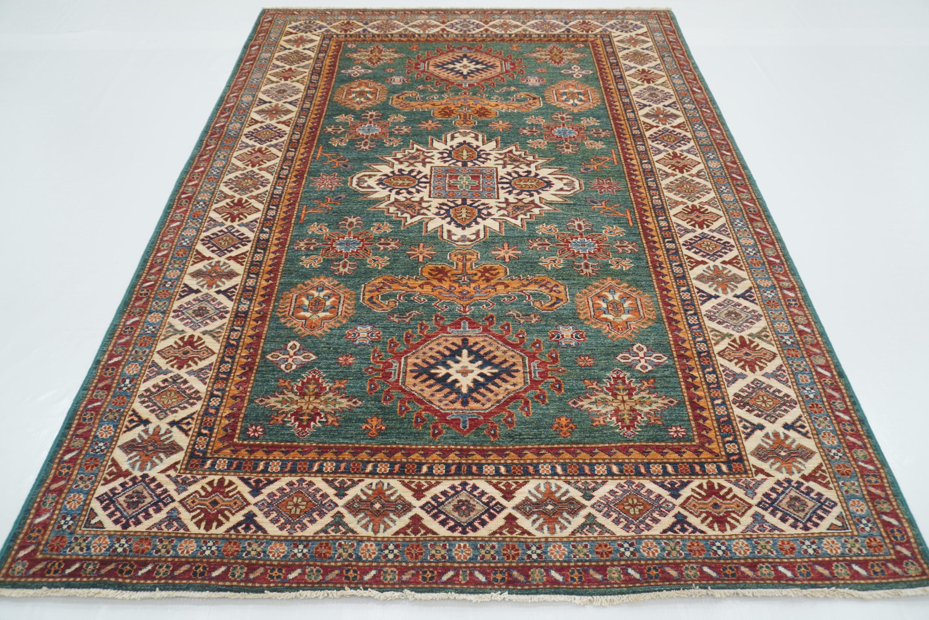 6x8 Green Afghan Kazak Hand-Knotted Wool geometric Rug - Yildiz Rugs