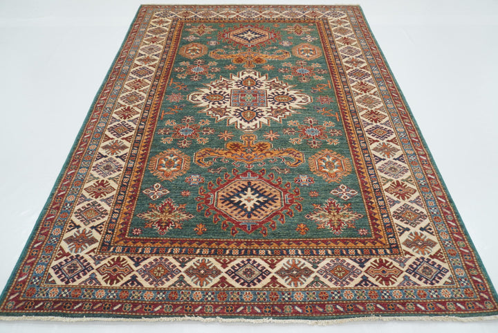 6x8 Green Afghan Kazak Hand-Knotted Wool geometric Rug - Yildiz Rugs