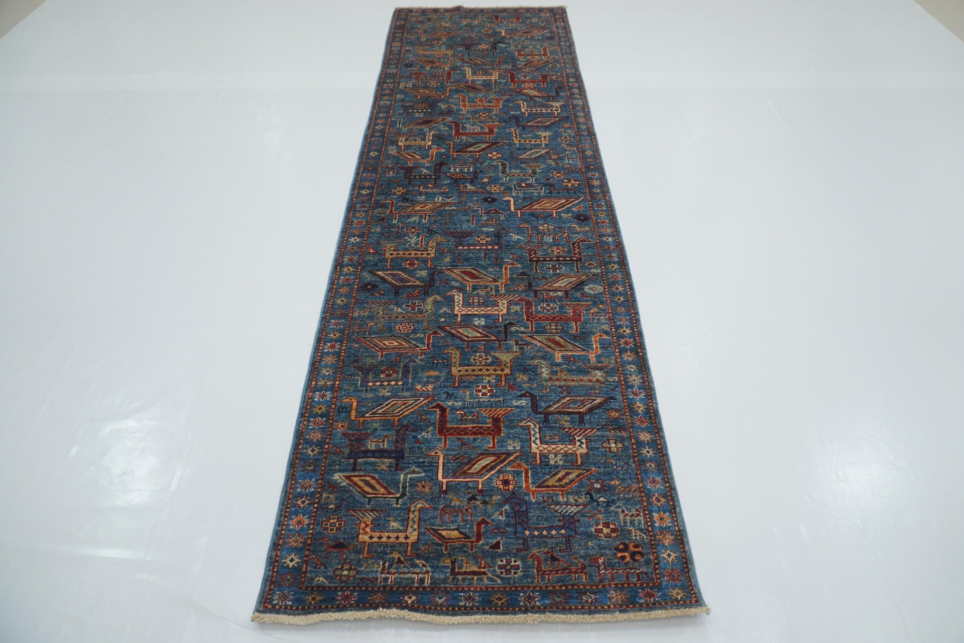 10 ft Blue Gabbeh Afghan Hand-Knotted Wool Runner Rug - Yildiz Rugs