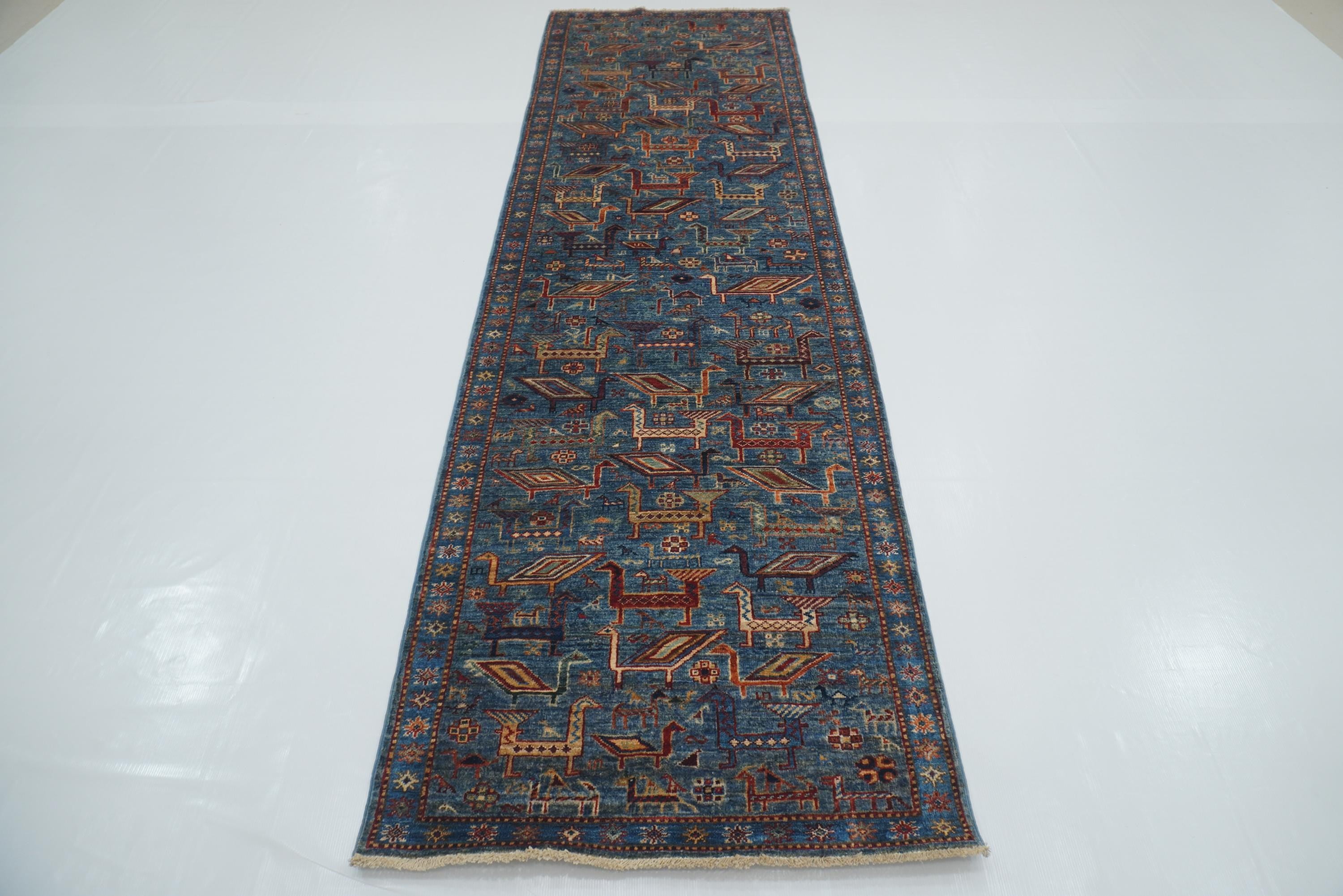 10 ft Blue Gabbeh Afghan Hand-Knotted Wool Runner Rug - Yildiz Rugs