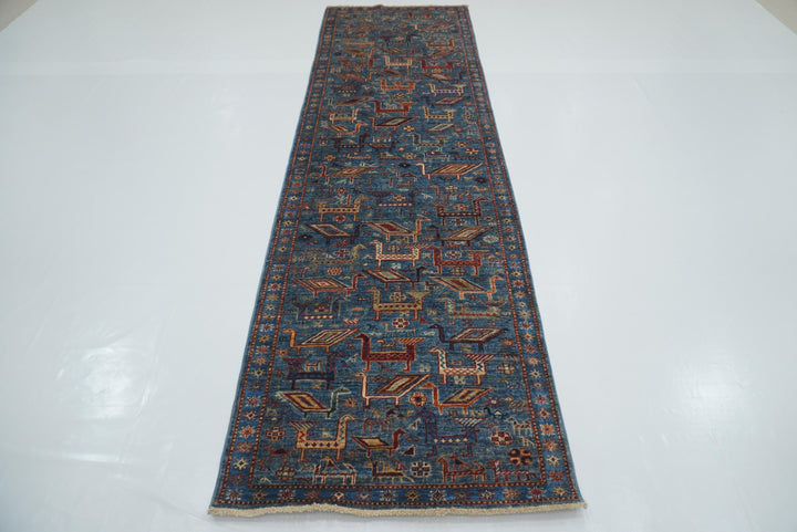 10 ft Blue Gabbeh Afghan Hand-Knotted Wool Runner Rug - Yildiz Rugs