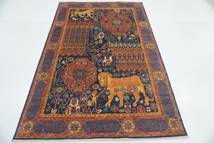 6x9 Navy Blue Mamluk Afghan Hand-Knotted Rug - Yildiz Rugs
