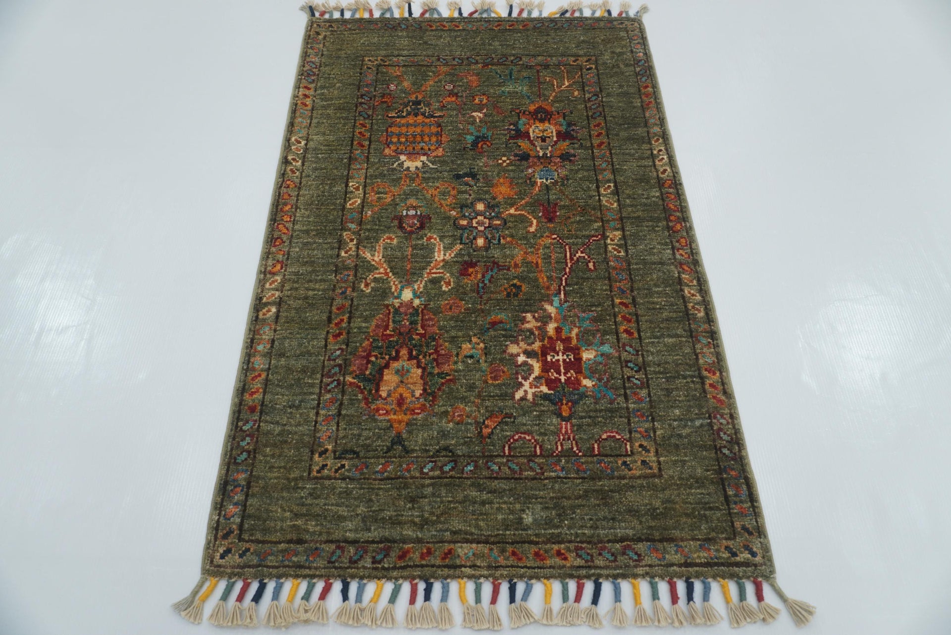 2x3 Green Afghan Waziri Hand Knotted Wool Rug - Yildiz Rugs