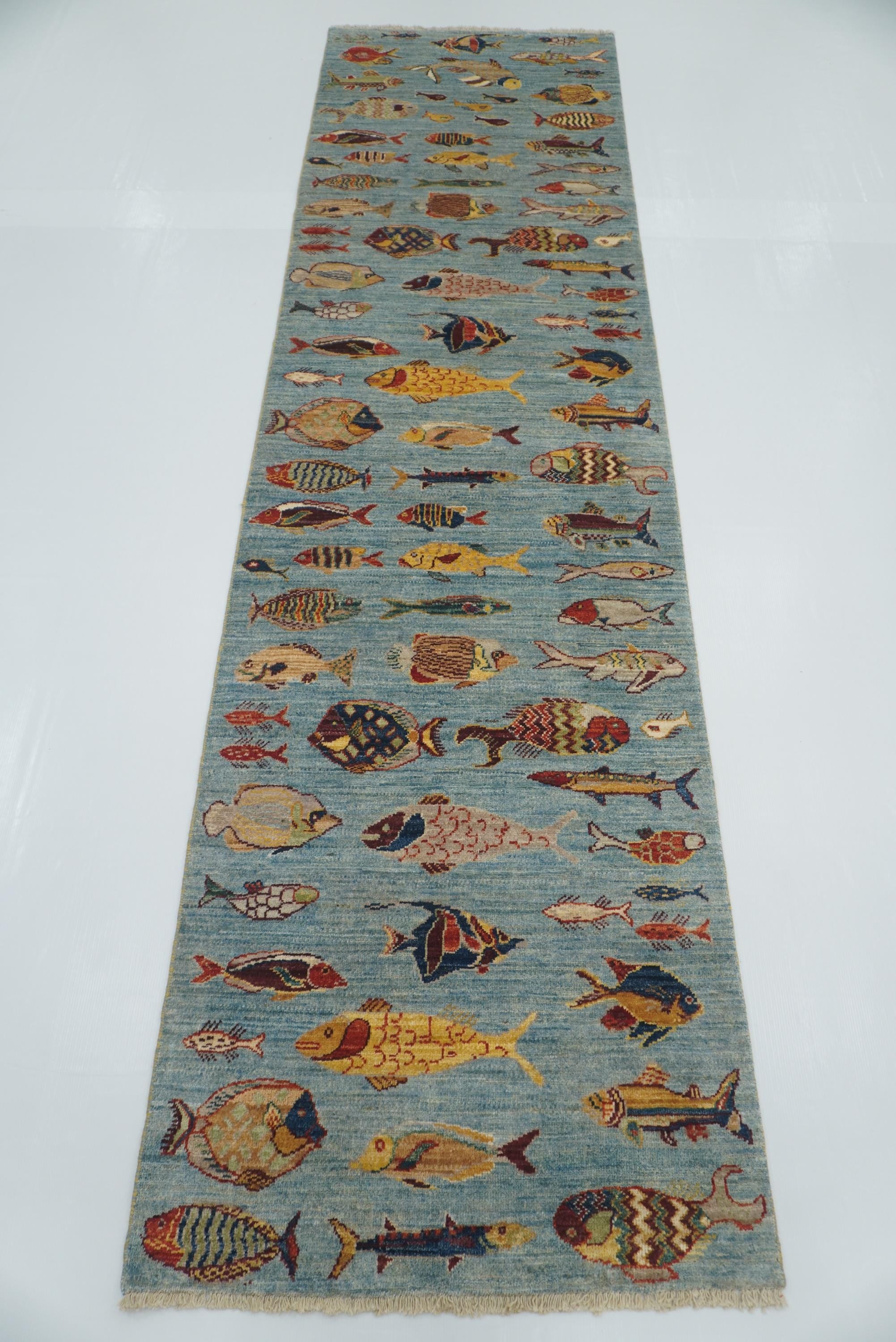 10 ft Blue Fish Afghan Gabbeh Hand-Knotted Wool Runner Rug - Yildiz Rugs
