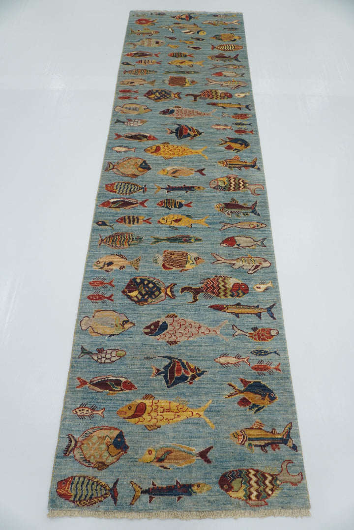10 ft Blue Fish Afghan Gabbeh Hand-Knotted Wool Runner Rug - Yildiz Rugs