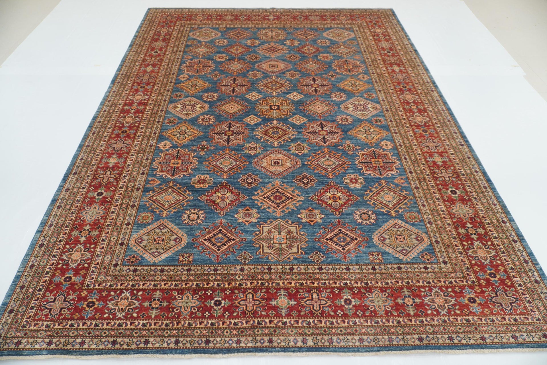 9x12 Blue Kazak Afghan Hand-Knotted Rug - Yildiz Rugs