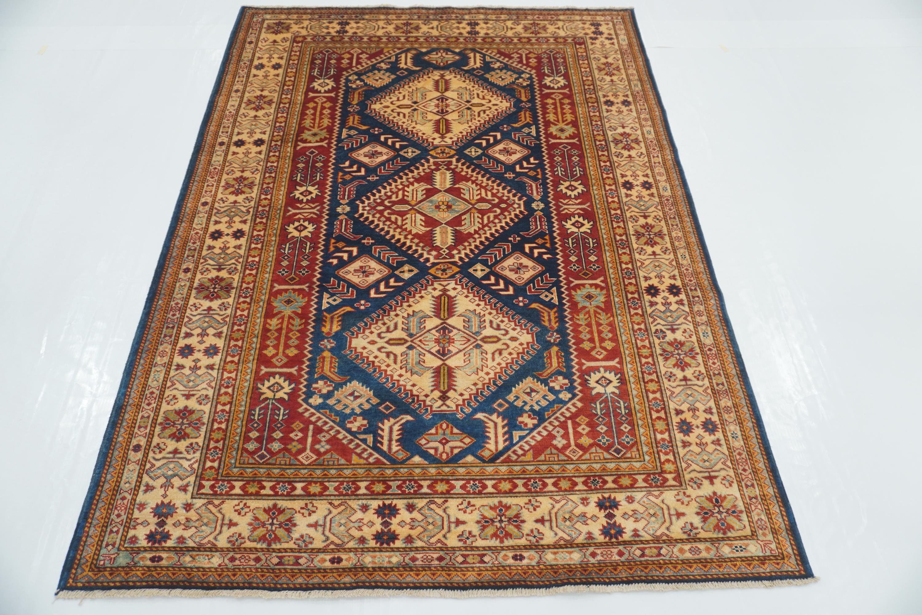 5x7 Navy Blue Shirvan Afghan Hand-Knotted Geometric Rug - Yildiz Rugs