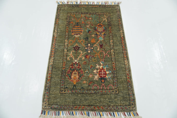 2x3 Green Afghan Waziri Floral Hand Knotted Rug - Yildiz Rugs