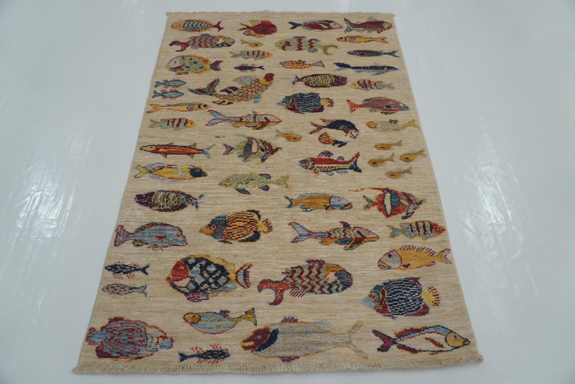 3'4"x4'9" Beige Fish Gabbeh Afghan Hand knotted Rug - Yildiz Rugs