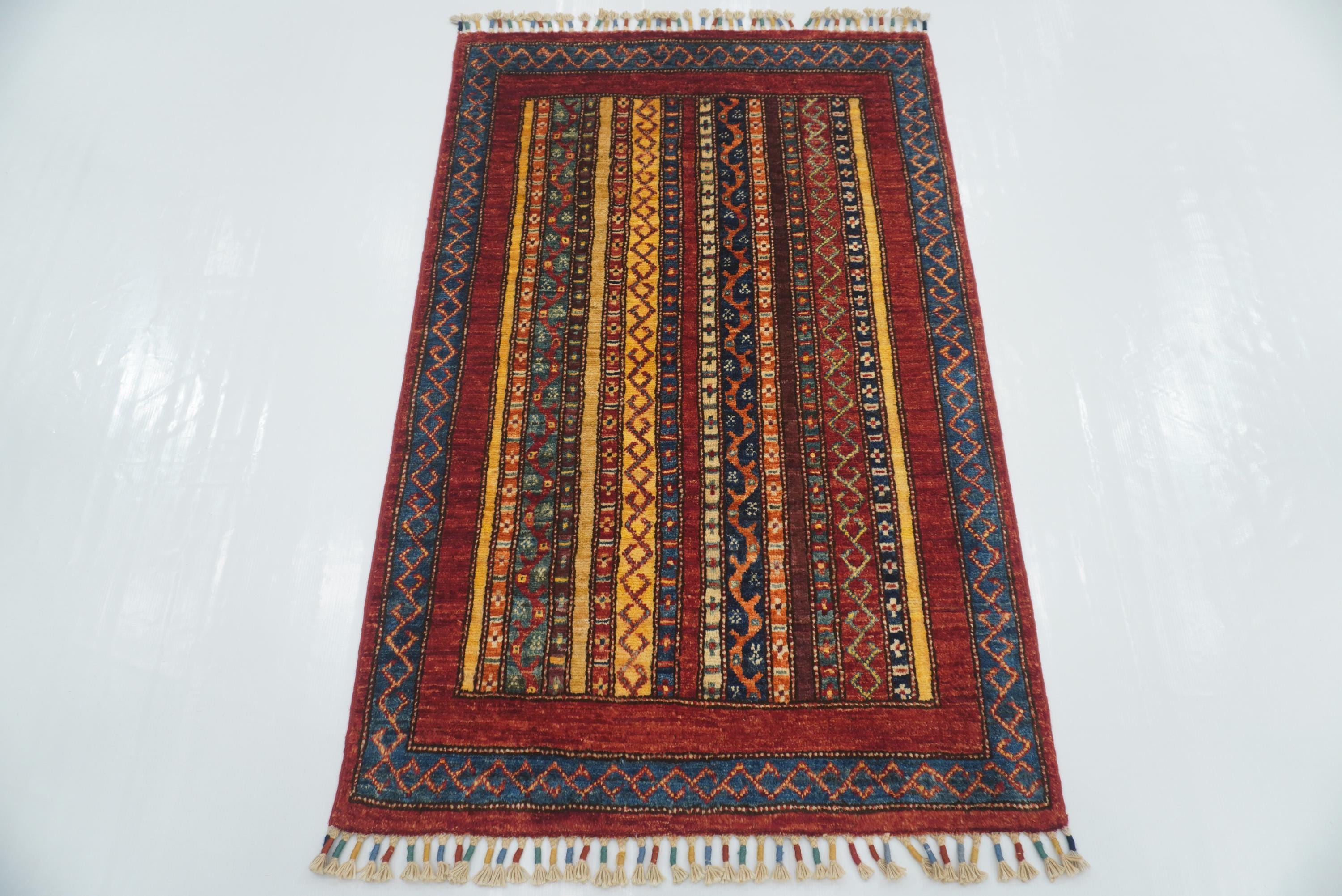 3x4 Red Turkish Striped Shawl Hand knotted Wool Rug - Yildiz Rugs