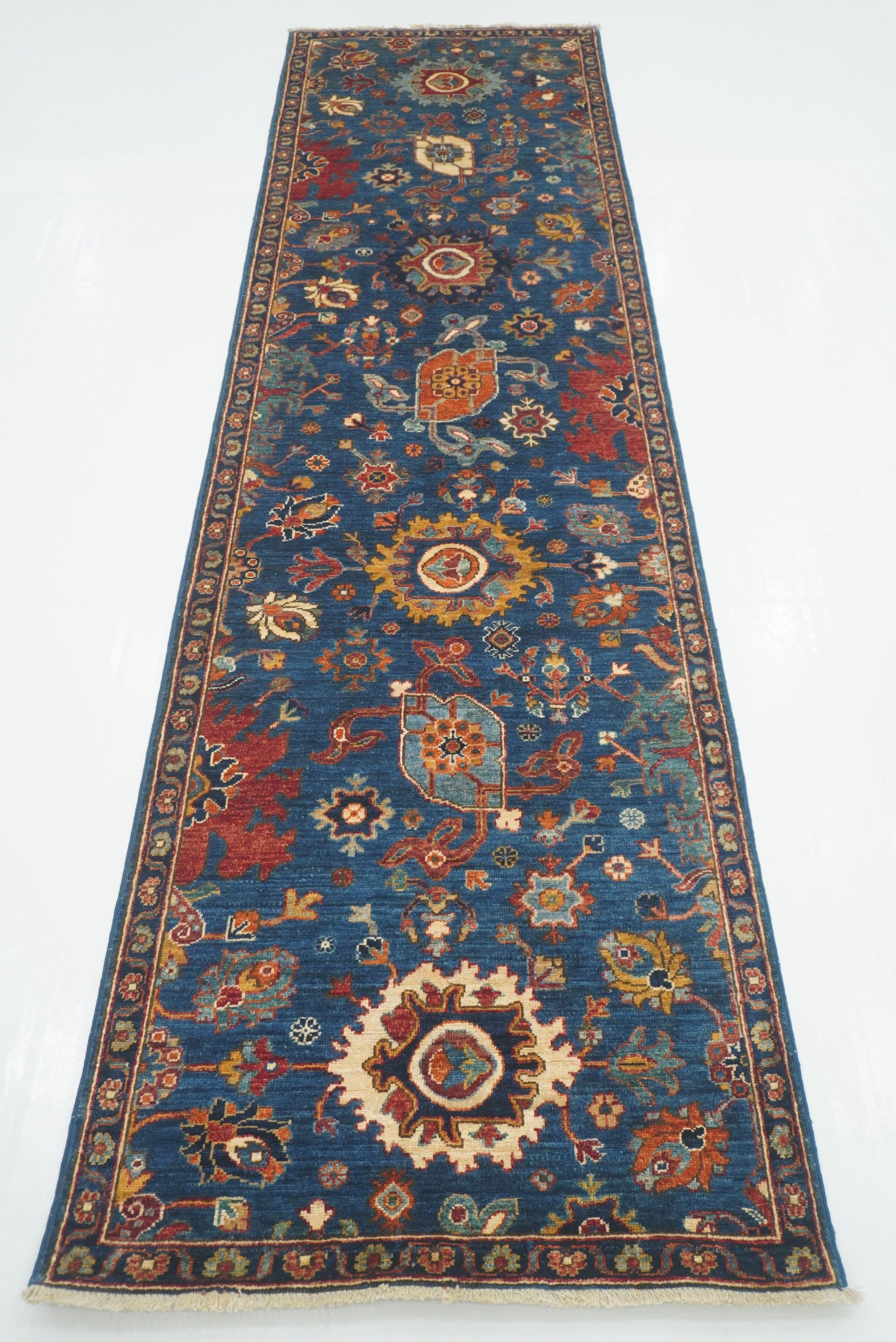 10 Ft Blue Bidjar Afghan Hand-Knotted Wool Oriental Runner Rug - Yildiz Rugs