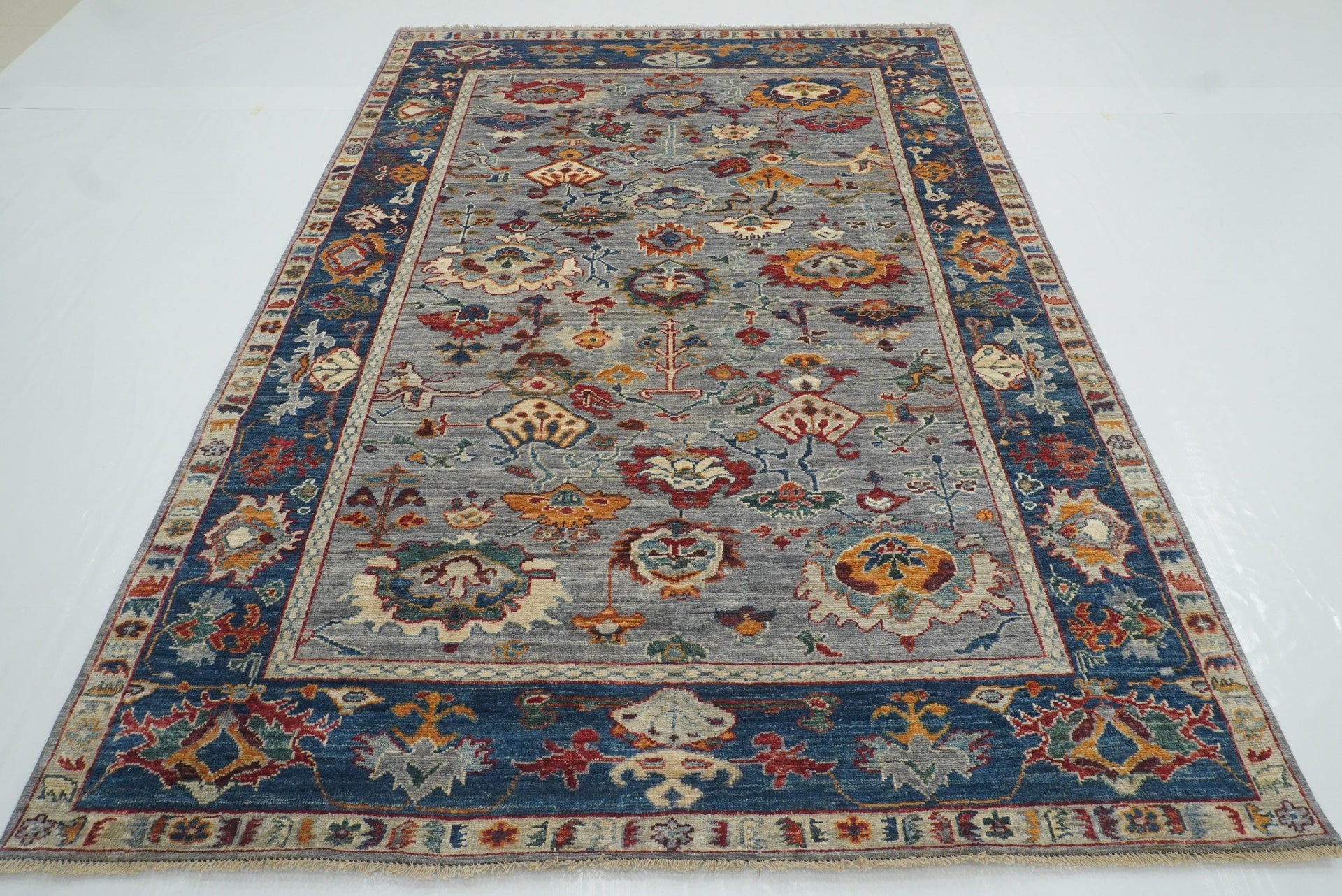6x9 Gray Oushak Hand-Knotted Wool Oriental Rug - Yildiz Rugs