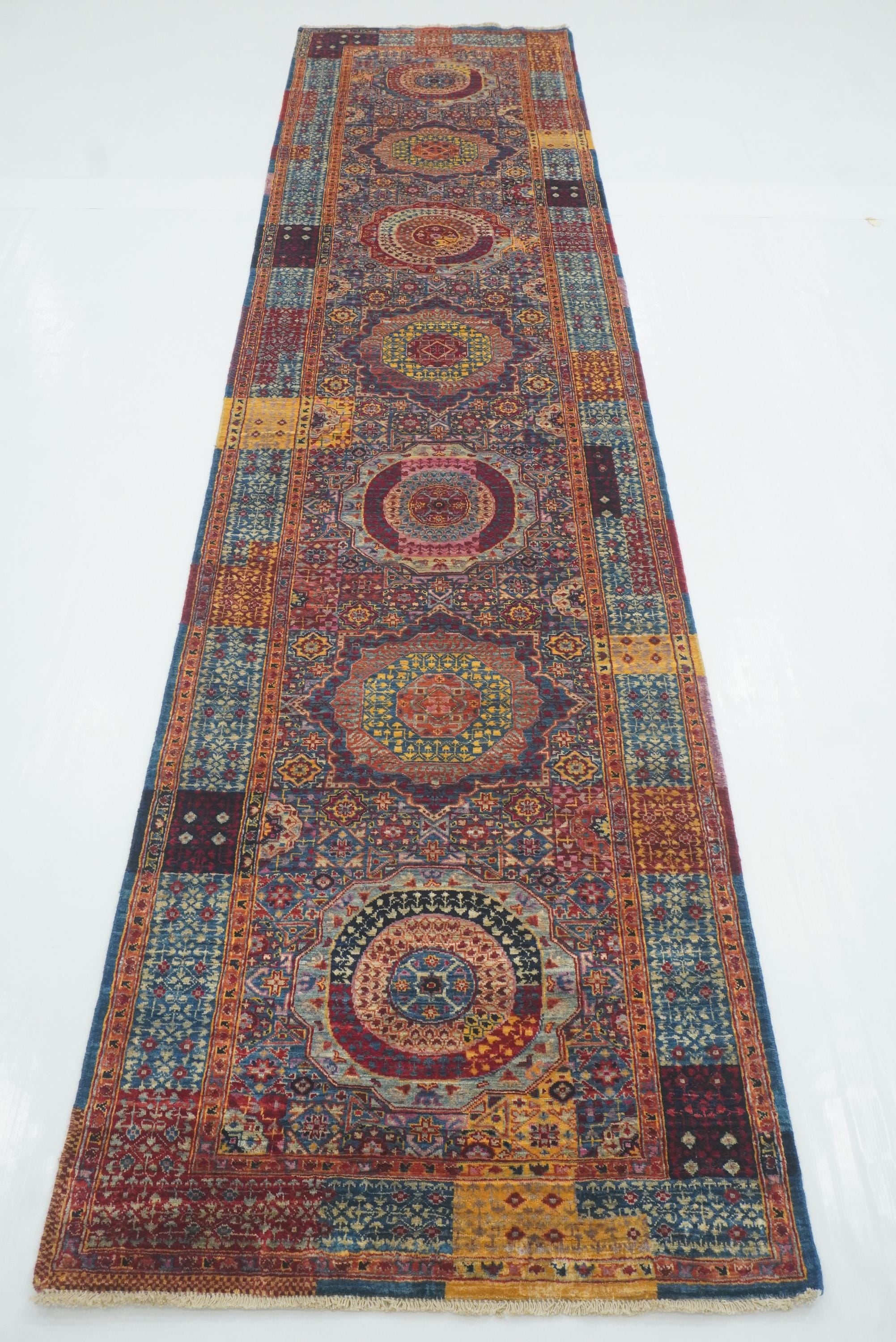 11 ft Blue Mamluk Runner Rug: Hand-Knotted Wool Hallway Rug (2'7"x11'3") - Yildiz Rugs