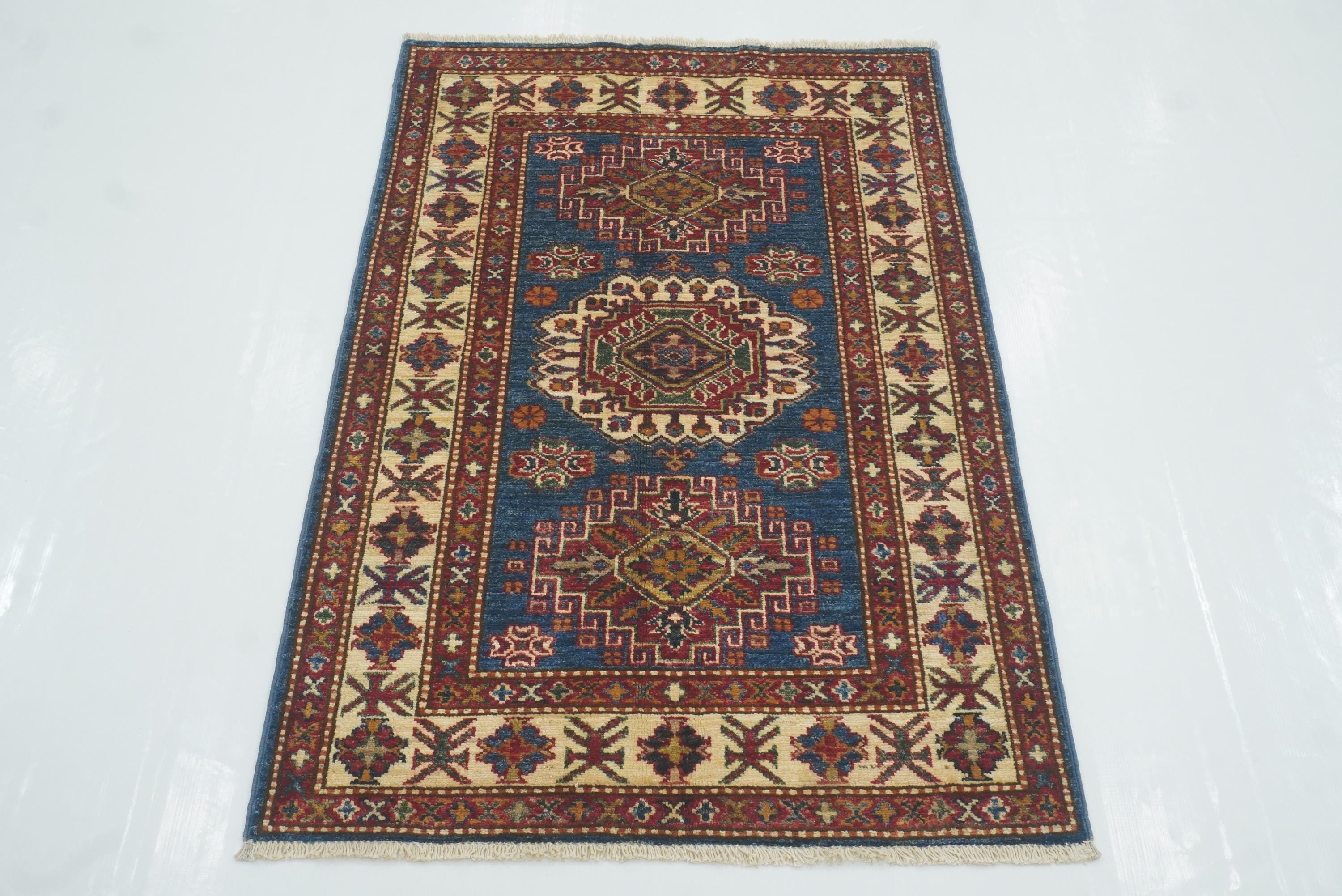 3x4 Navy Blue Kazak Area Rug: Afghan Hand-knotted Wool Rug (2'8"x3'11") - Yildiz Rugs
