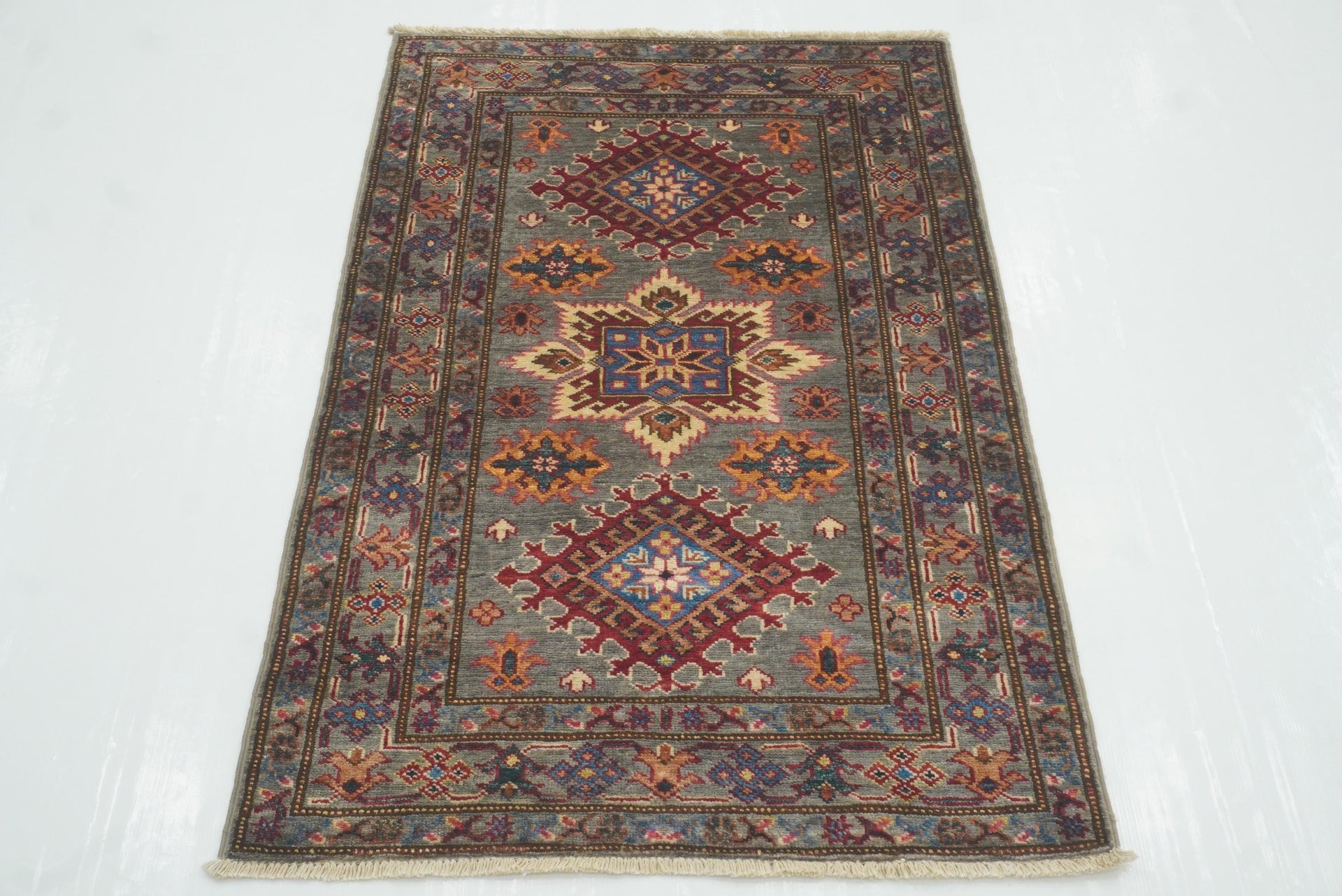 3x4 Gray Kazak Area Rug: Afghan Hand-knotted Wool Rug (2'7"x3'11") - Yildiz Rugs