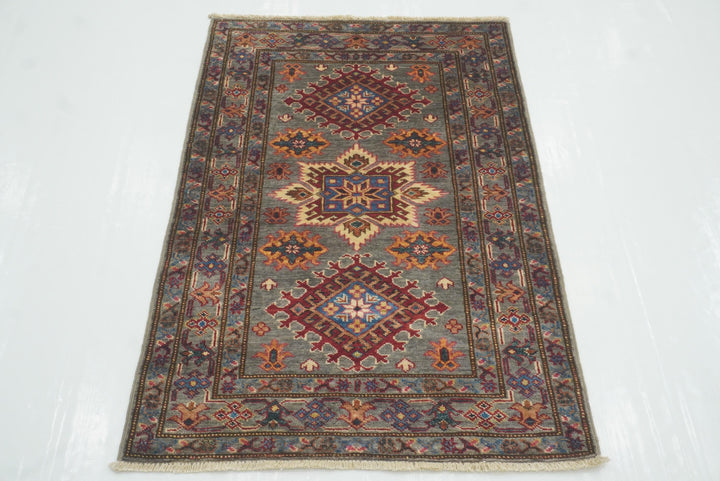 3x4 Gray Kazak Area Rug: Afghan Hand-knotted Wool Rug (2'7"x3'11") - Yildiz Rugs