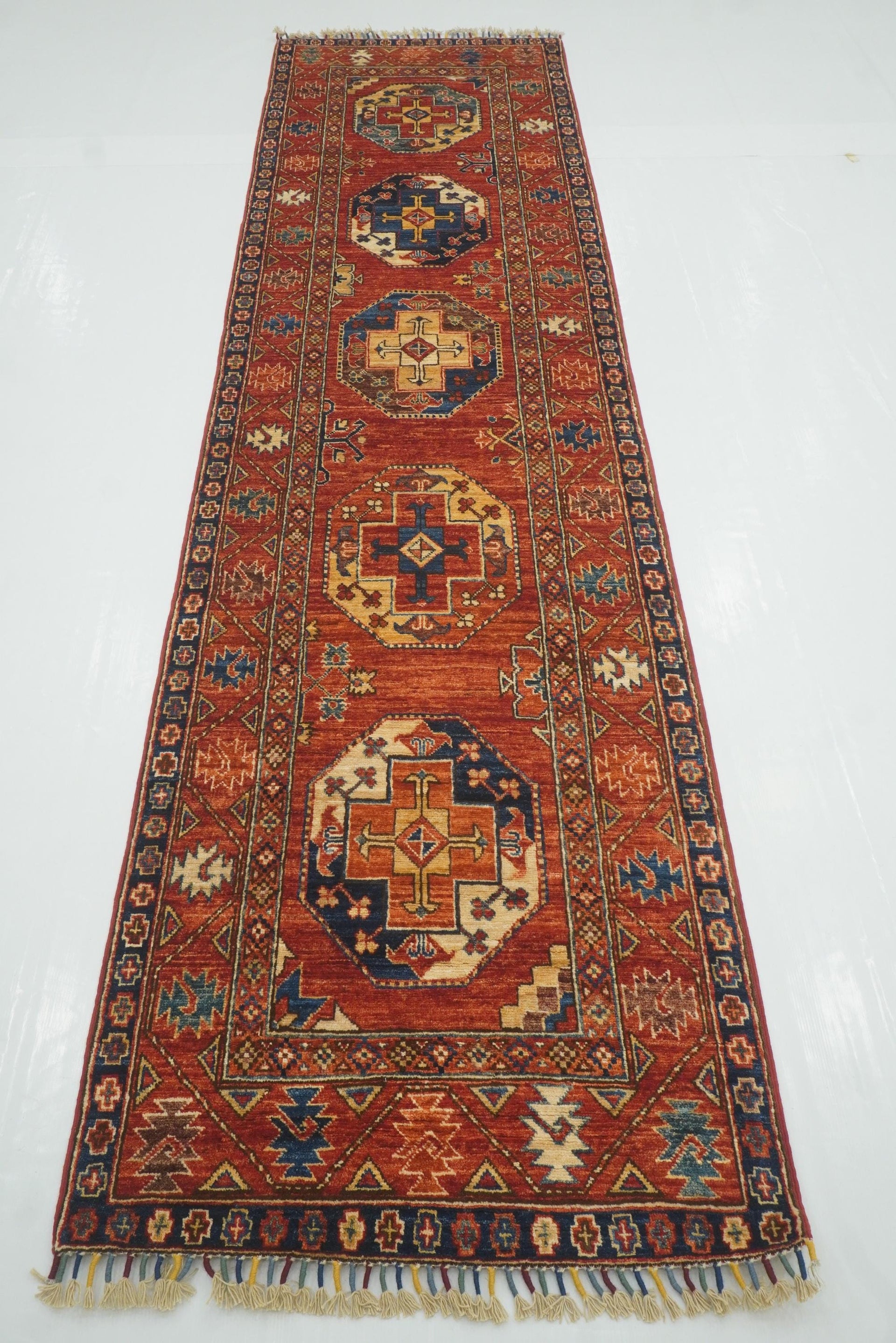 10 ft Red Ersari Runner Rug: Afghan Hand Knotted Wool Hallway Rug 2'8x10'2 - Yildiz Rugs