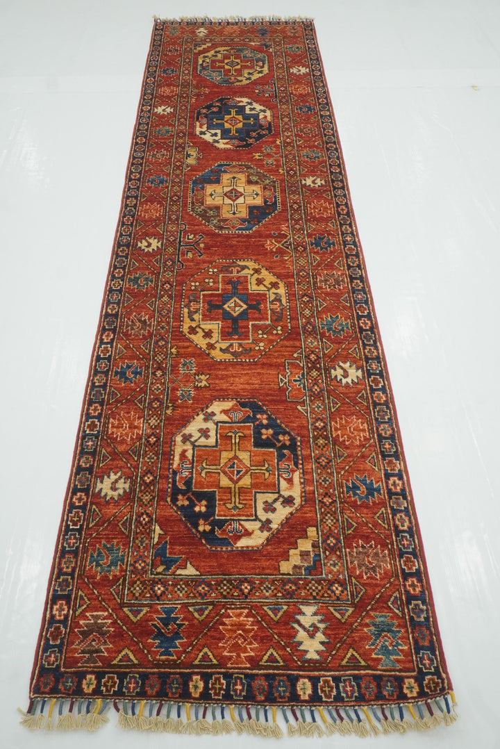 10 ft Red Ersari Runner Rug: Afghan Hand Knotted Wool Hallway Rug 2'8x10'2 - Yildiz Rugs