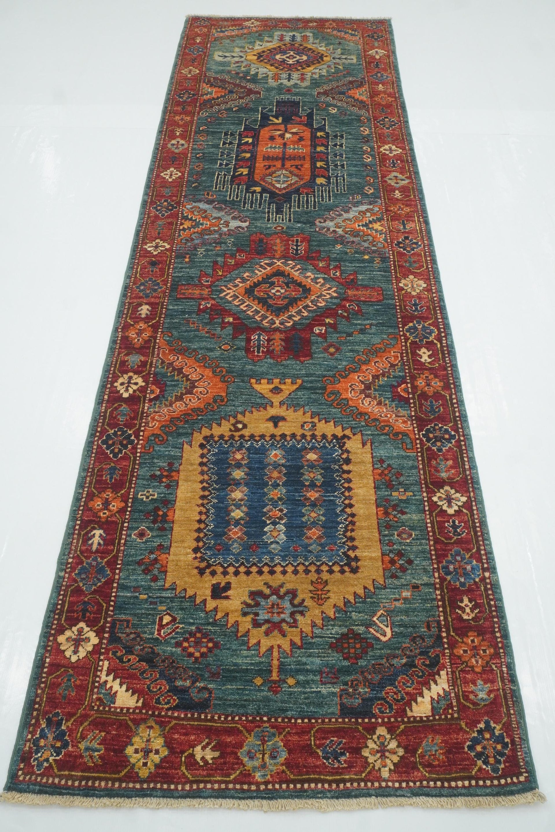10 ft Green Malayer Afghan Hand-Knotted Wool Runner Rug - Yildiz Rugs