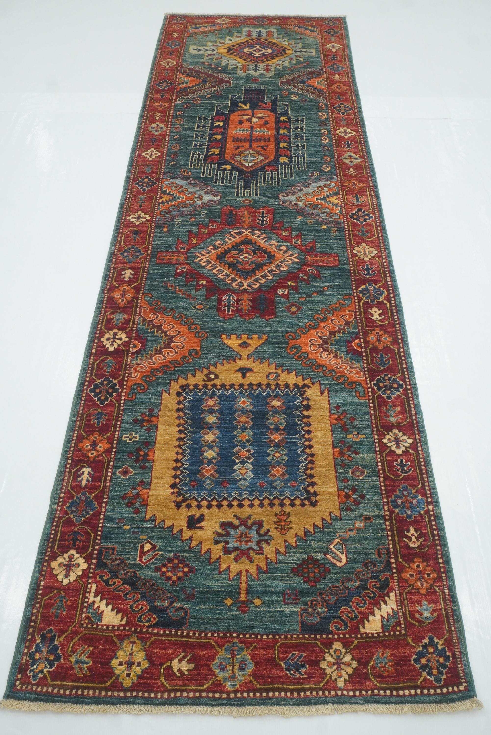 10 ft Green Malayer Afghan Hand-Knotted Wool Runner Rug - Yildiz Rugs