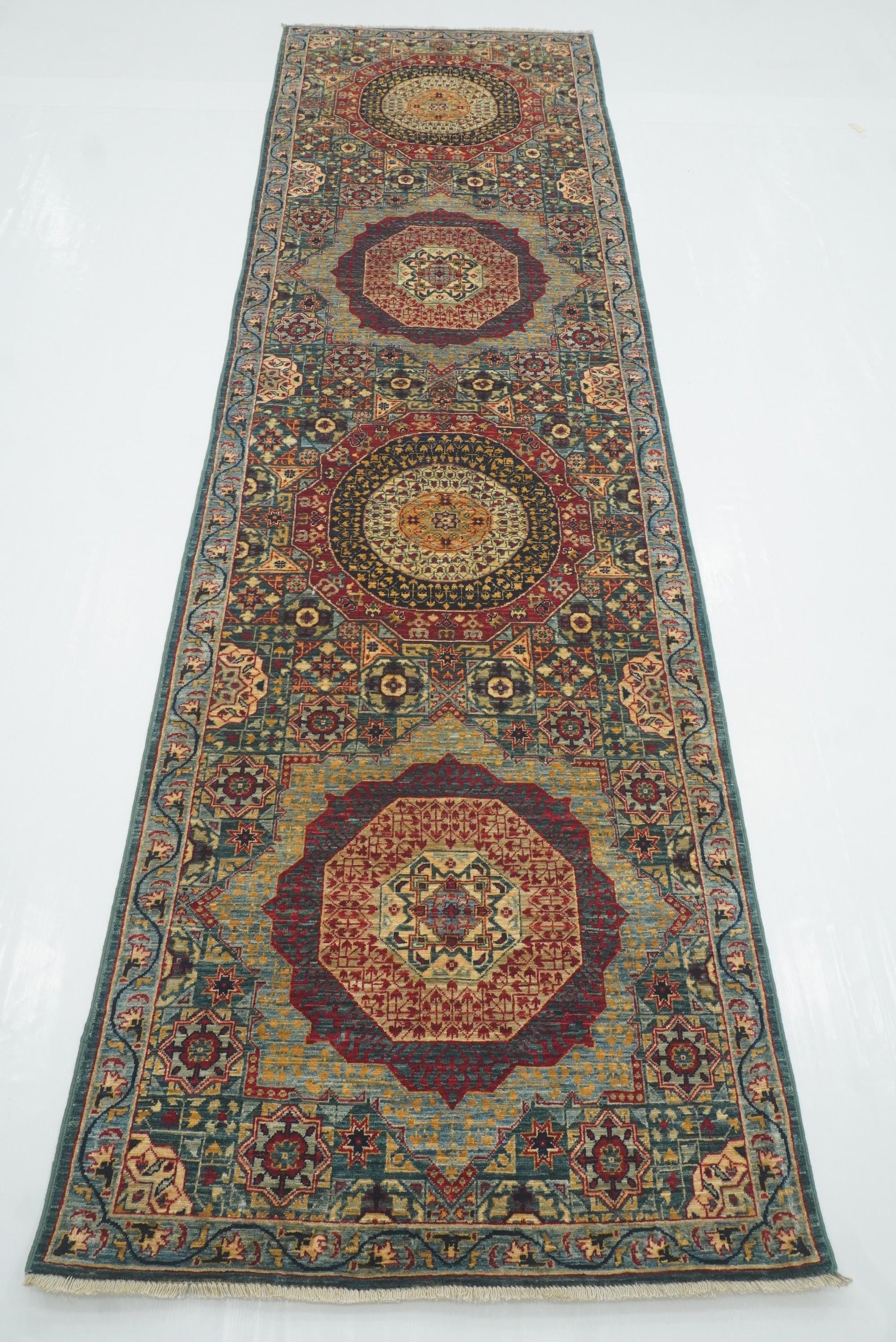 10 ft Green Mamluk Hand-Knotted Wool Runner Rug - Yildiz Rugs