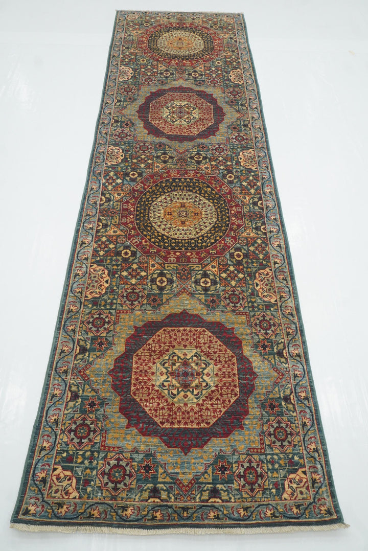 10 ft Green Mamluk Hand-Knotted Wool Runner Rug - Yildiz Rugs