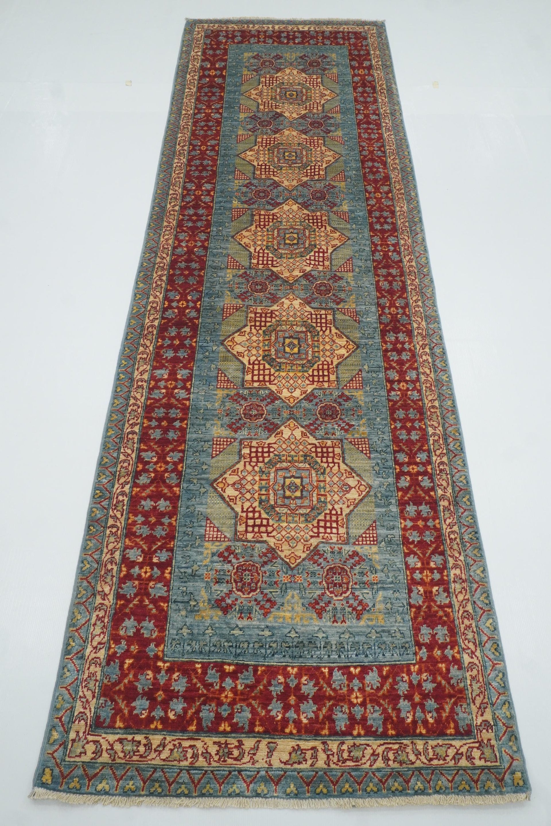 2'9"x9'7" Mamluk Blue Hand-Knotted Wool Runner Rug - Yildiz Rugs