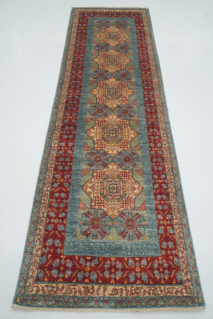 2'9"x9'7" Mamluk Blue Hand-Knotted Wool Runner Rug - Yildiz Rugs