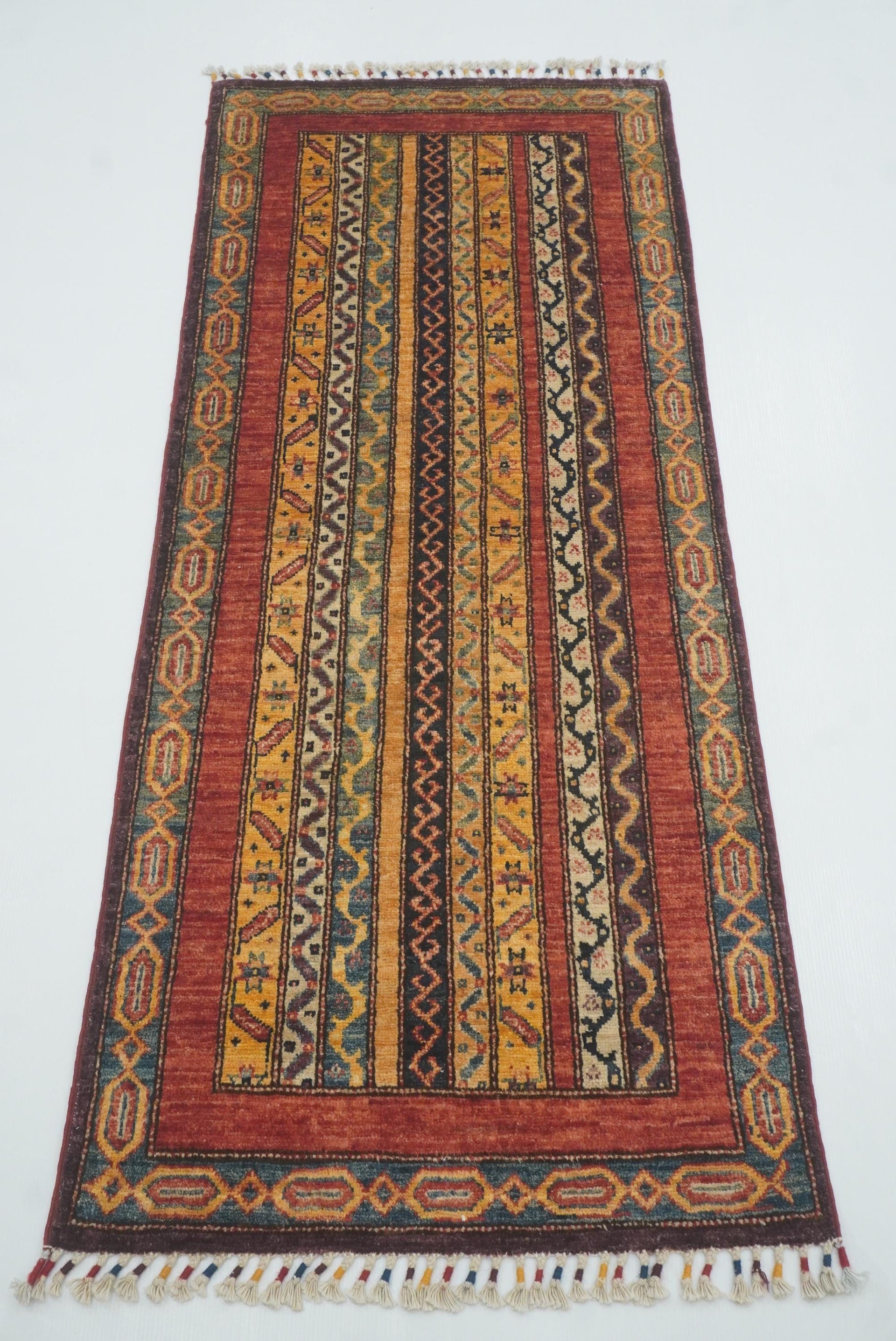 2x5 Red Shaal Turkish Hand knotted Wool Runner Rug: